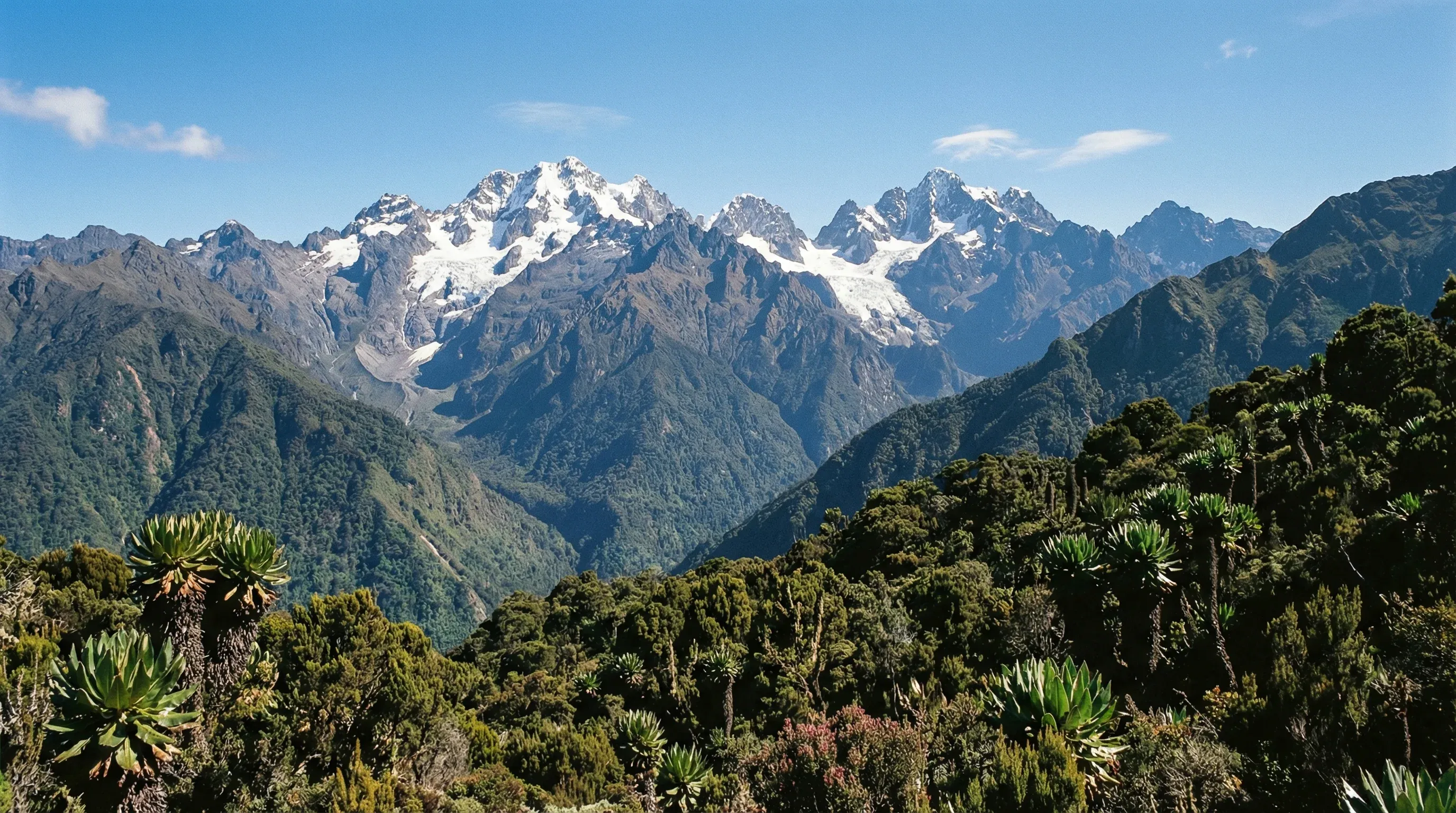 Snow-capped mountain peaks rising above lush green tropical forests in the Rwenzori range of Uganda.