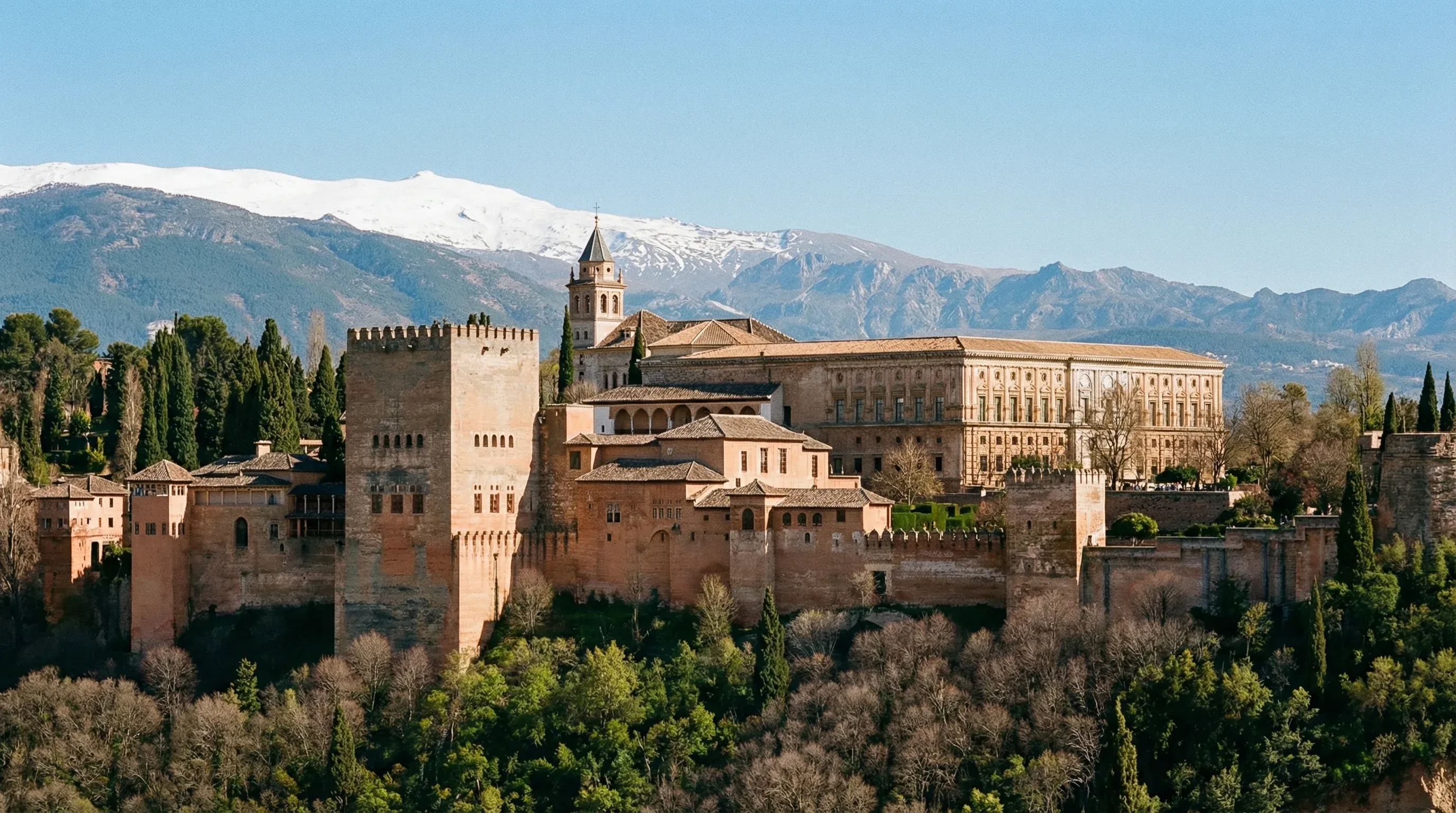 The Alhambra fortress complex in Granada, Spain, with the Sierra Nevada mountains in the background under a clear blue sky.