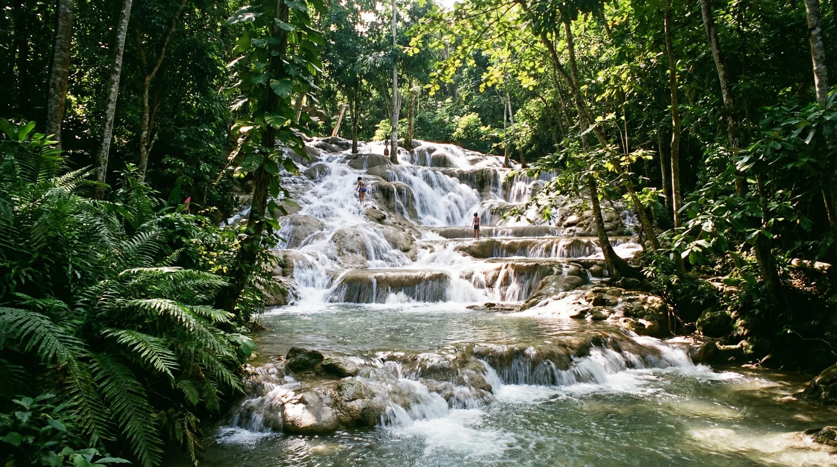 A view of the tiered limestone waterfall at Dunn's River Falls, surrounded by lush tropical vegetation.