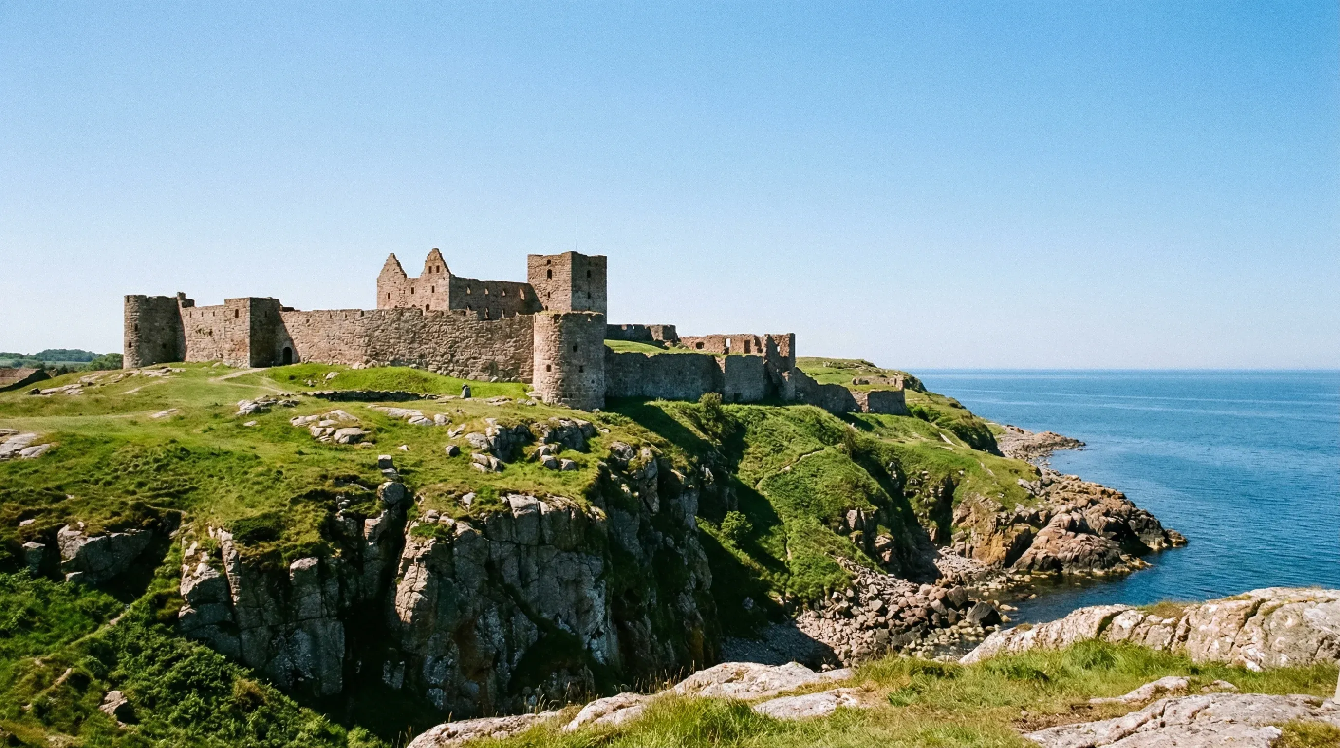 The medieval stone ruins of Hammershus Castle situated on a green cliff overlooking the Baltic Sea on Bornholm.