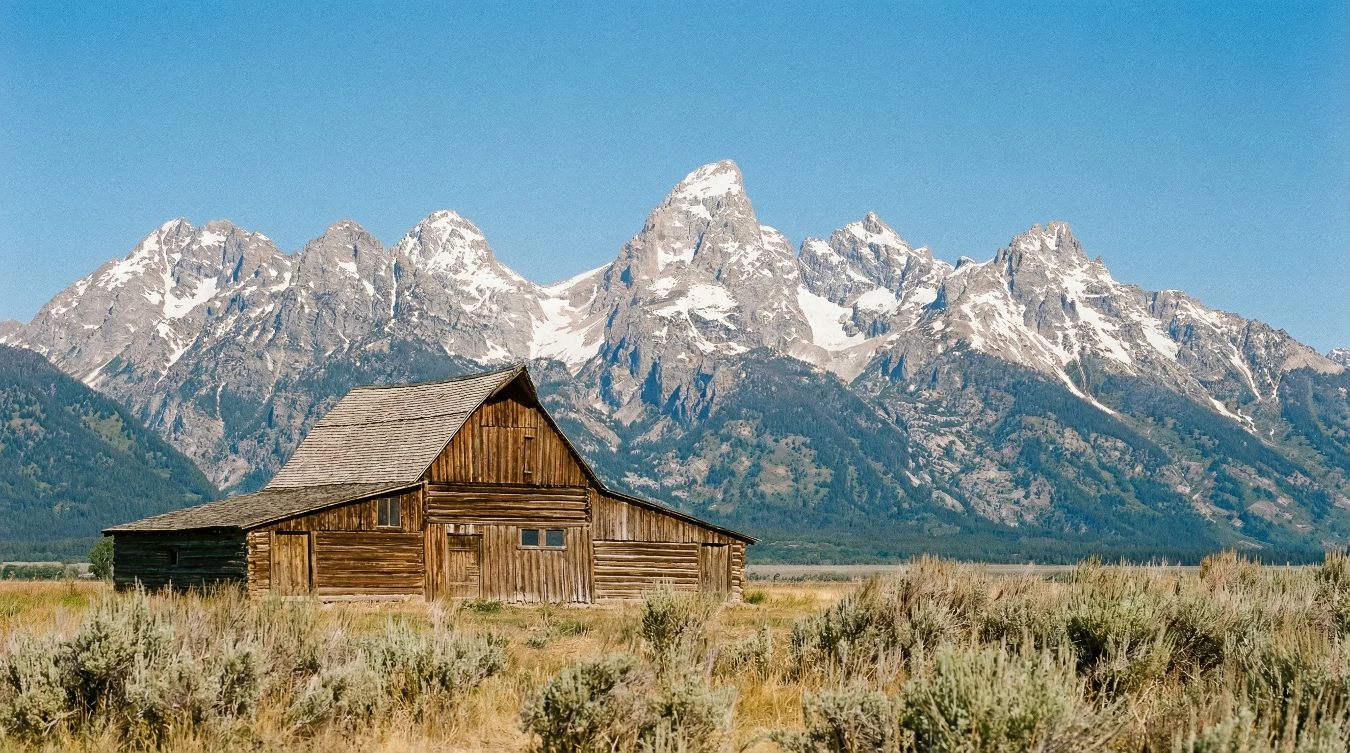 An old wooden barn sits in a field with the jagged, snow-covered Grand Teton mountains in the background.