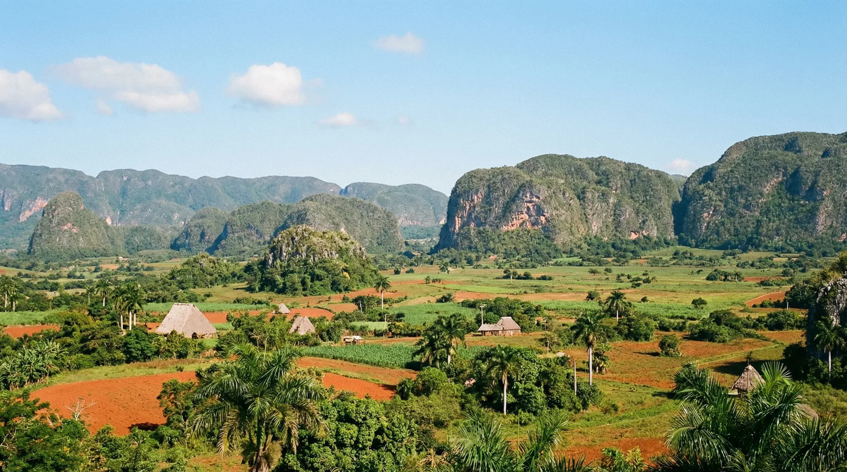 A panoramic view of the Viñales Valley in Cuba, showing rounded limestone hills called mogotes and green tobacco fields.