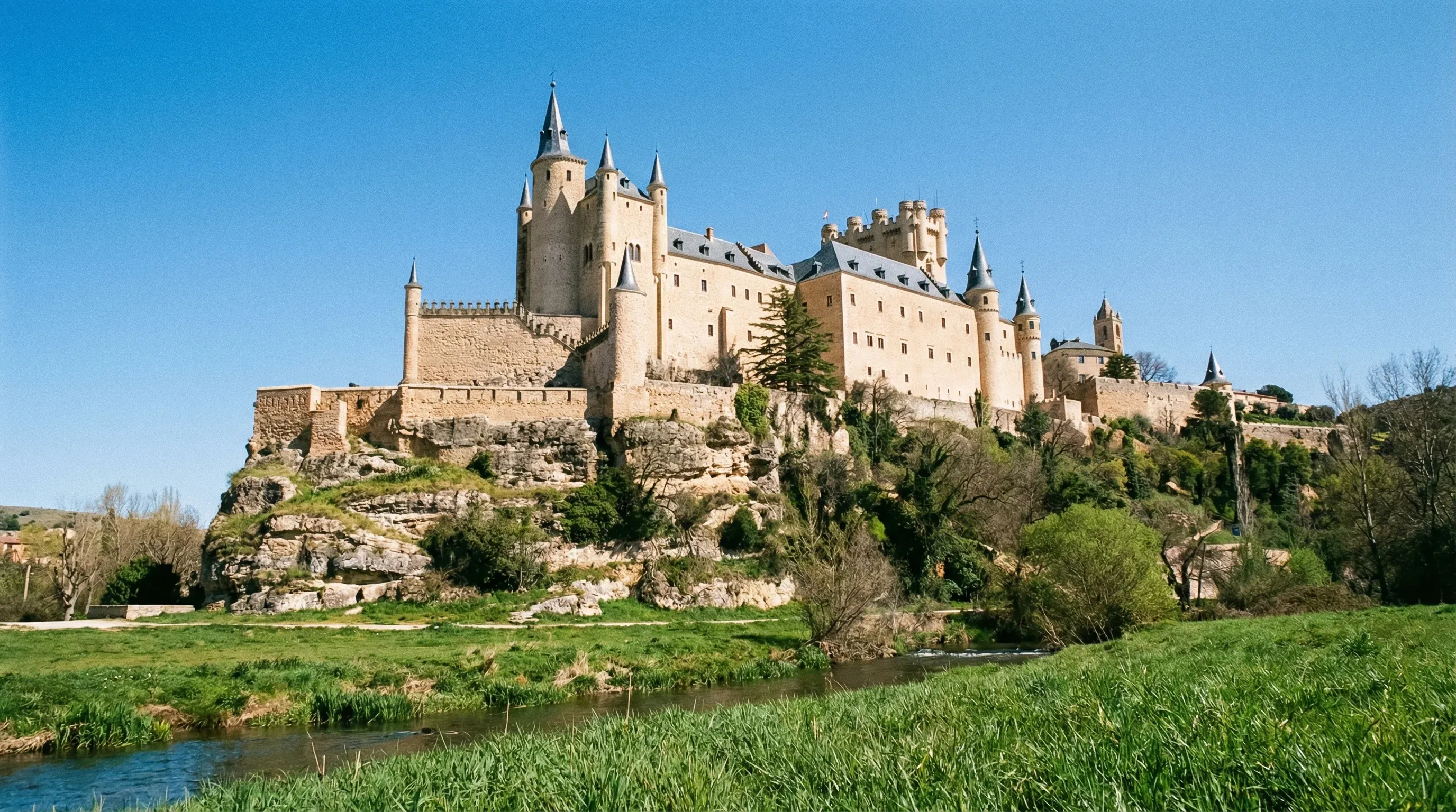 The Alcázar of Segovia castle perched on a rocky cliff against a clear blue sky in central Spain.