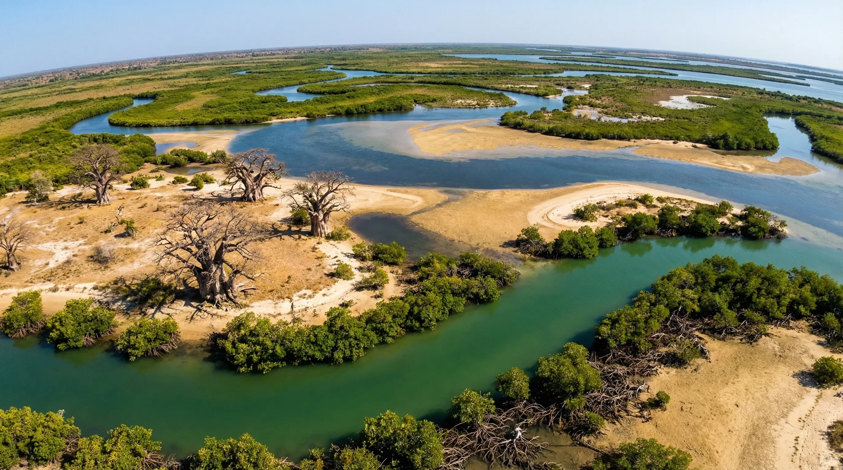 An aerial-style view of the winding green mangrove channels and baobab trees in the Sine-Saloum Delta, Senegal.