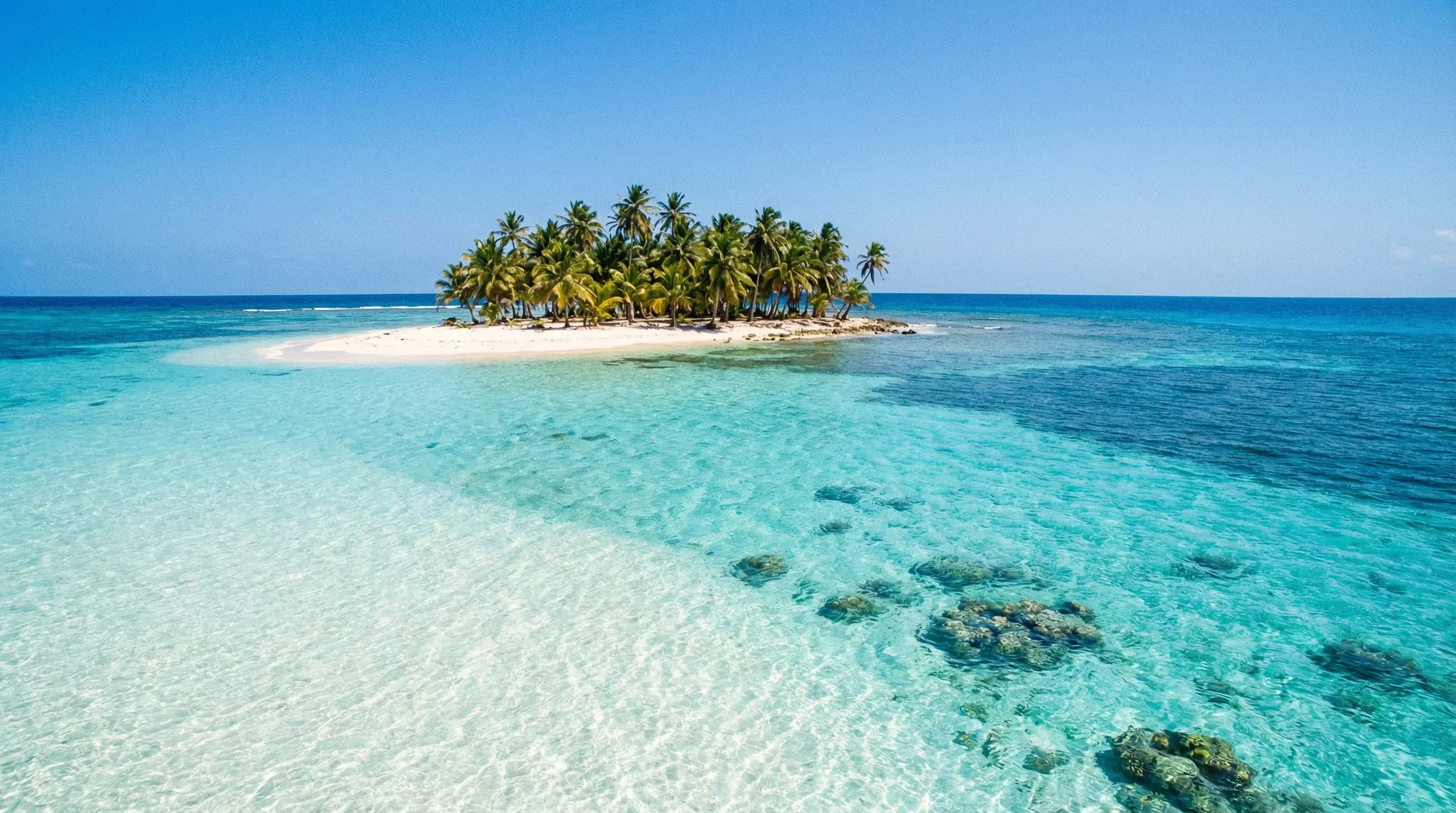 A tropical island with white sand and palm trees surrounded by vibrant turquoise and blue Caribbean waters.