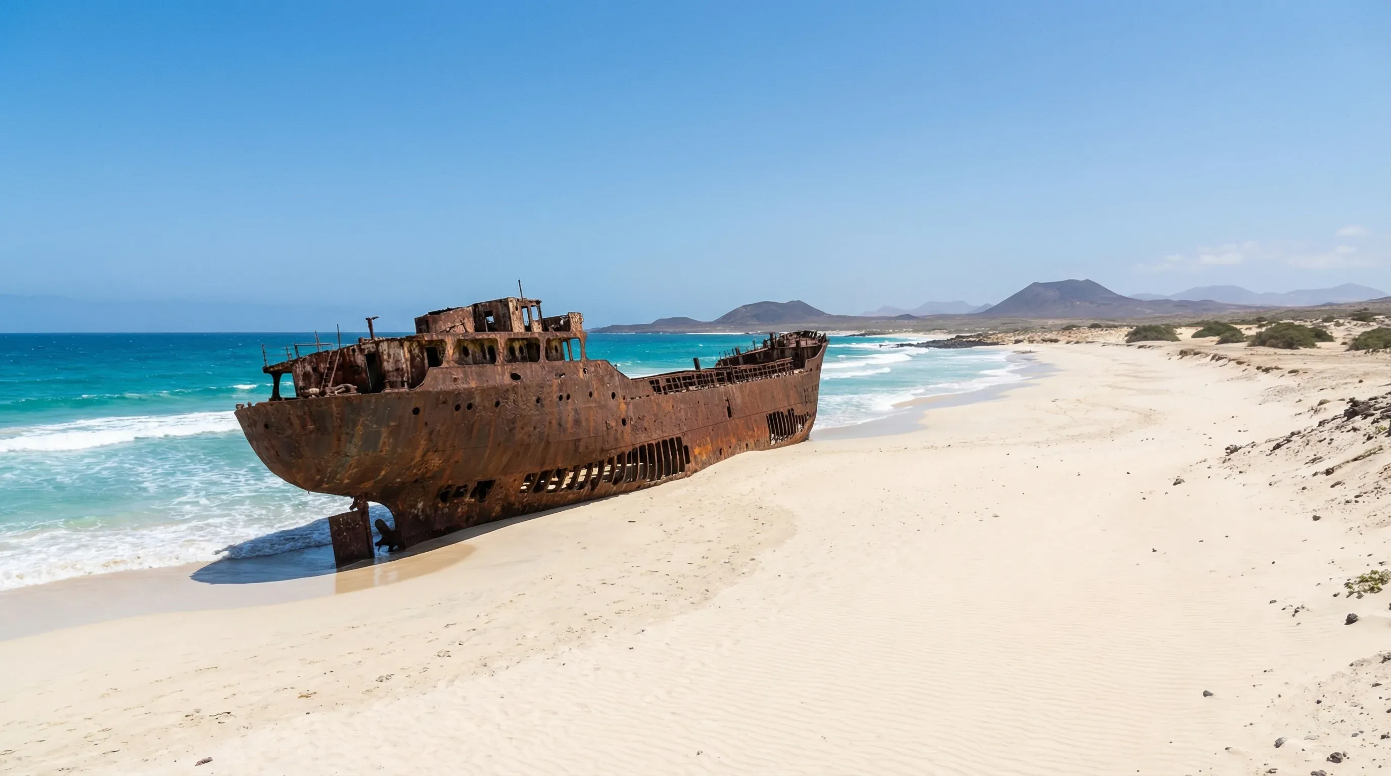 A large, rusted cargo shipwreck sits on a white sandy beach next to the turquoise ocean under a clear blue sky in Boa Vista.