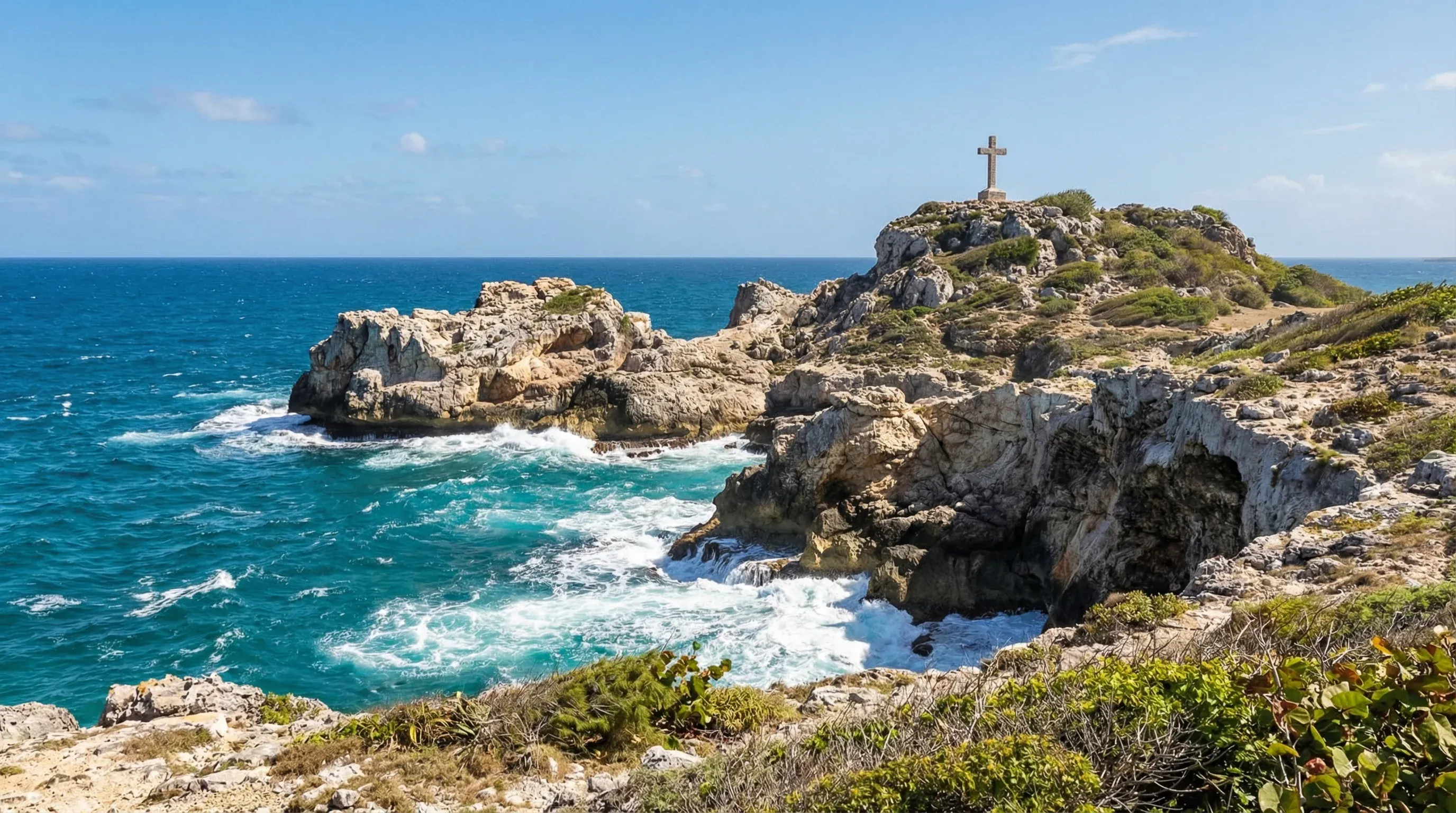 A view of the jagged limestone cliffs and ocean rock formations at Pointe des Châteaux on the coast of Grande-Terre, Guadeloupe.