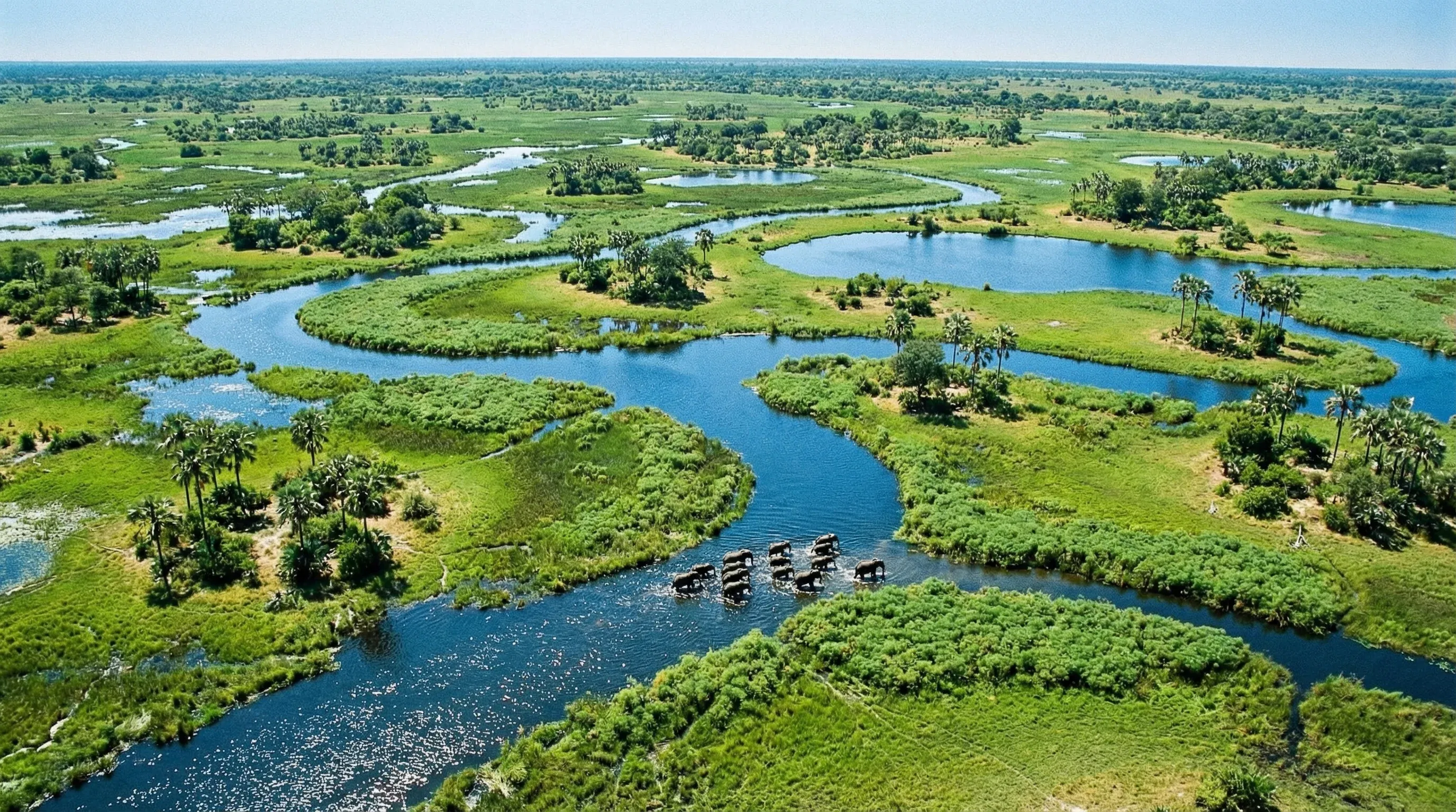 Aerial view of winding water channels and green reed beds in the Okavango Delta wetland system of northern Botswana.