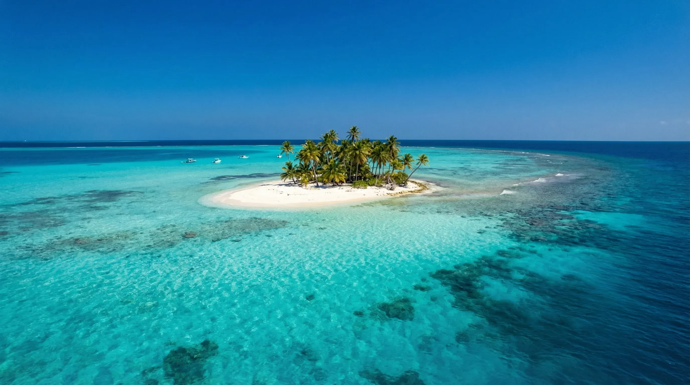 A small tropical island with white sand and palm trees surrounded by clear turquoise Caribbean water.