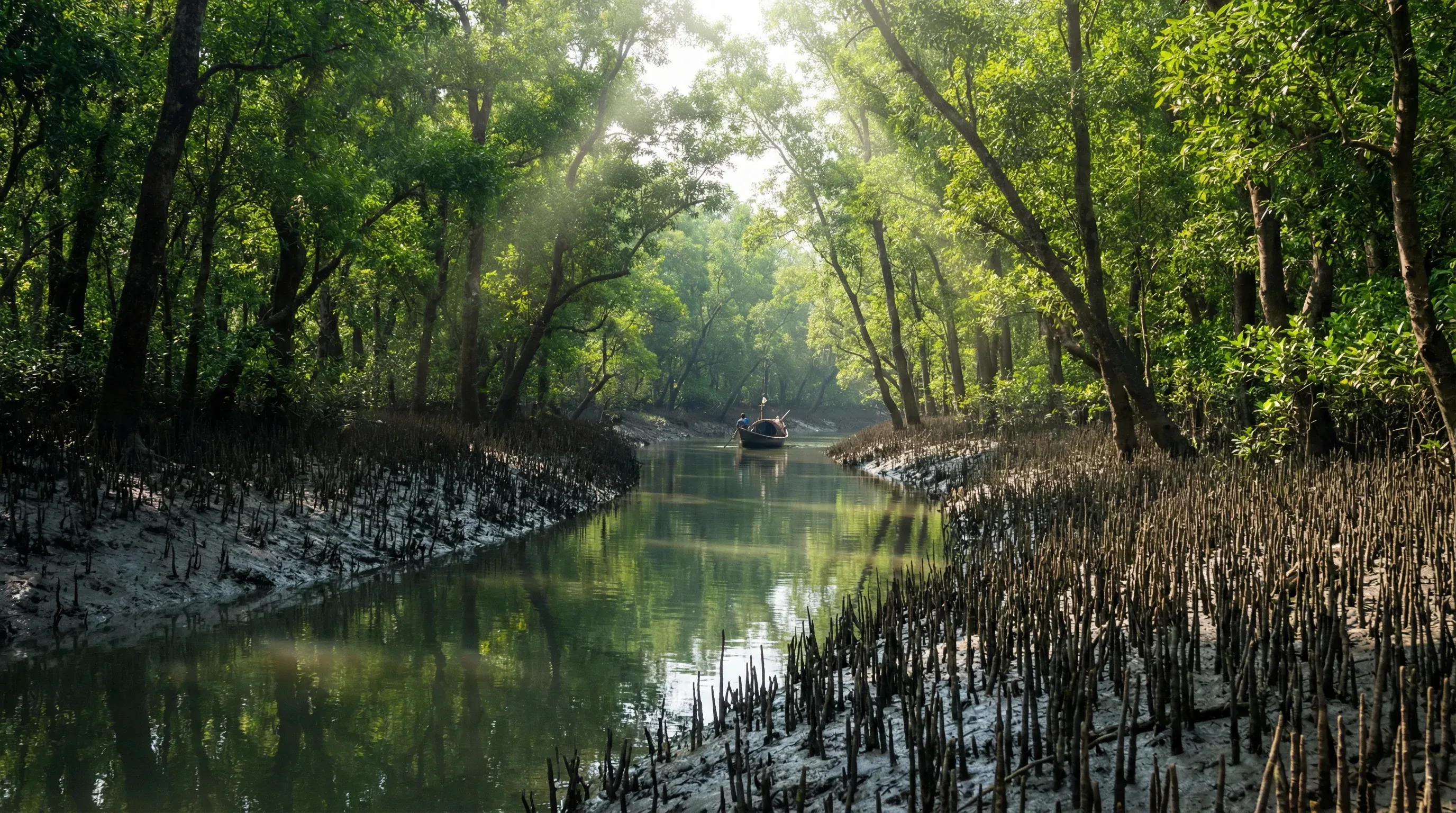 A calm river channel winding through the dense green mangrove trees and aerial roots of the Sundarbans forest.