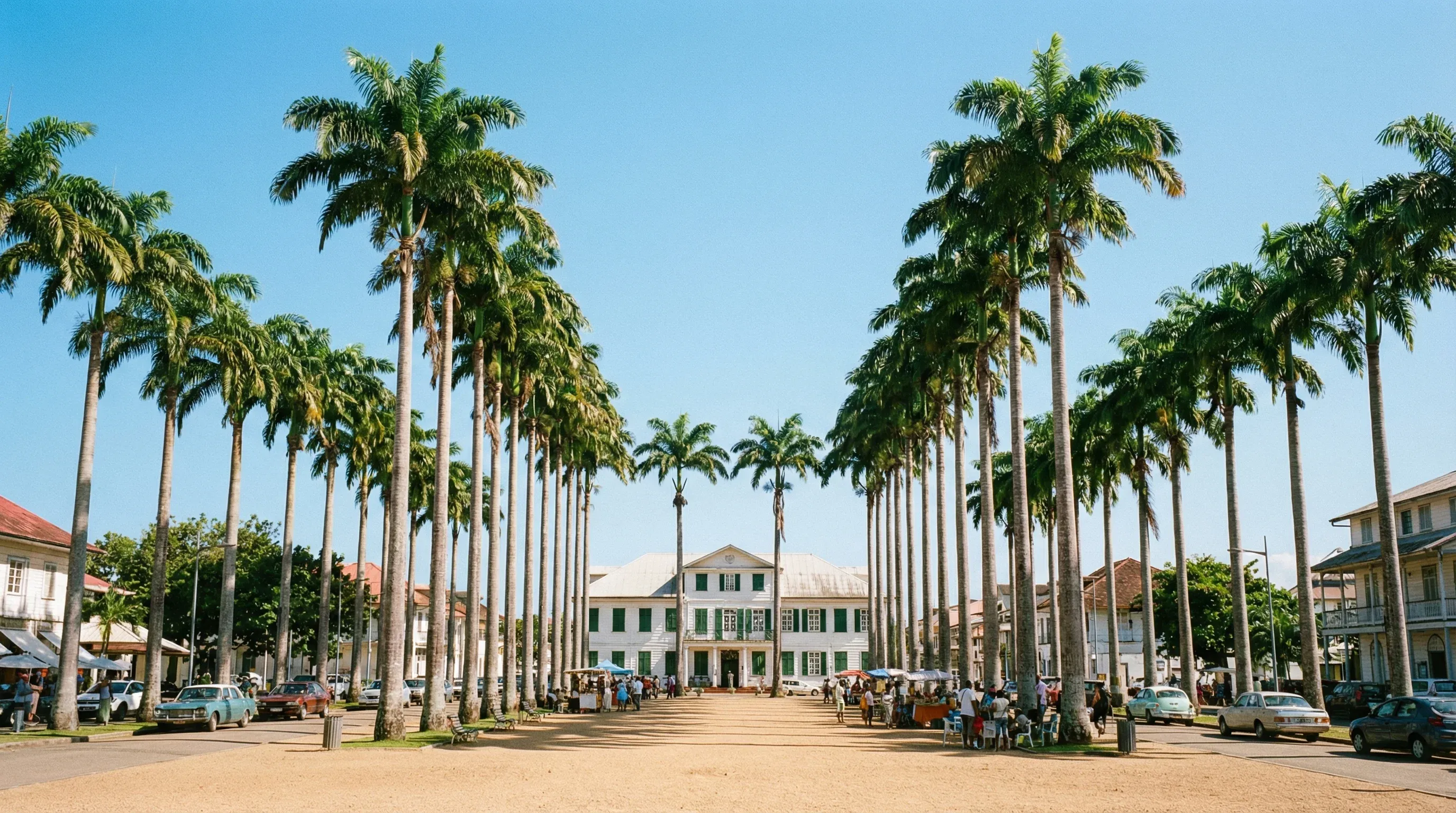 A wide-angle view of the Place des Palmistes in Cayenne, featuring tall royal palms and historic colonial architecture under a blue sky.