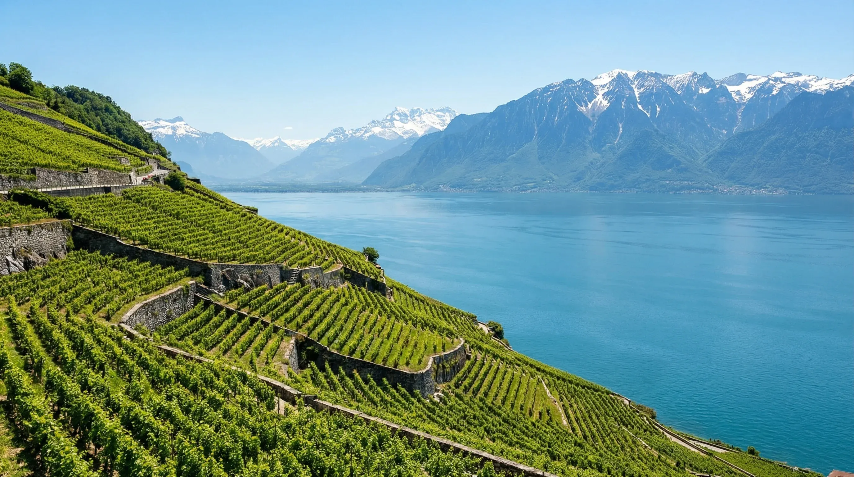 Steep green terraced vineyards overlooking the blue waters of Lake Geneva with mountains in the background.