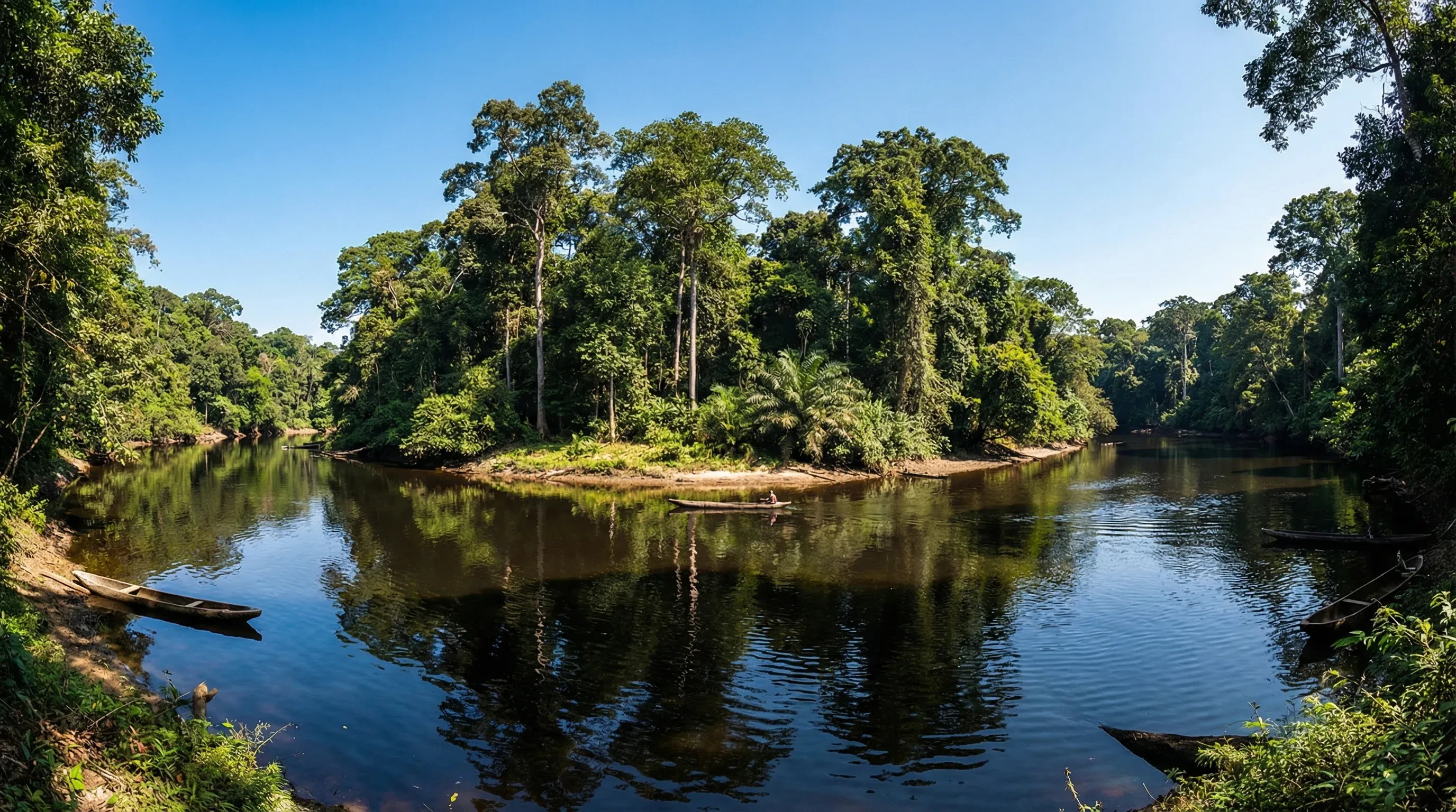 The Moa River flowing around the dense tropical rainforest of Tiwai Island Wildlife Sanctuary in eastern Sierra Leone.