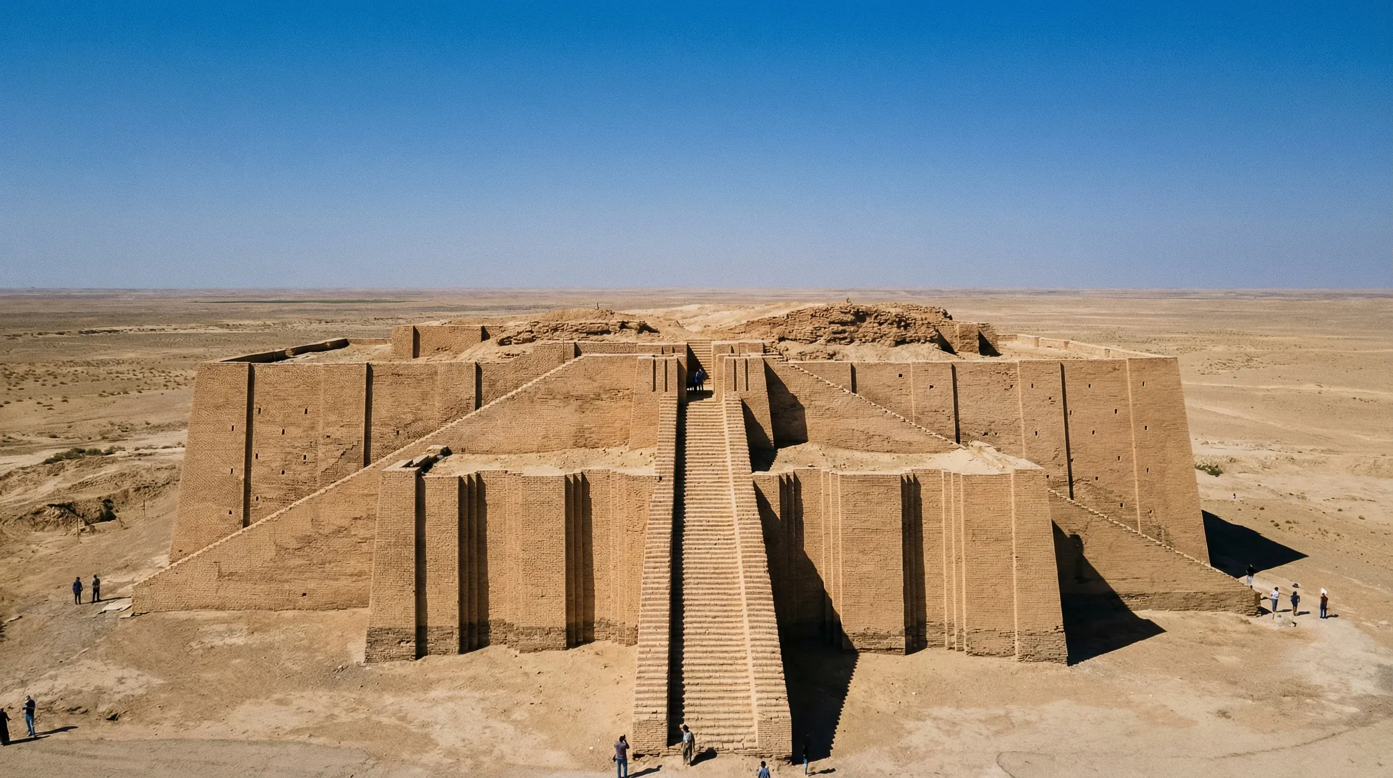 A large ancient mud-brick ziggurat with three tiered levels and central staircases under a clear blue sky.