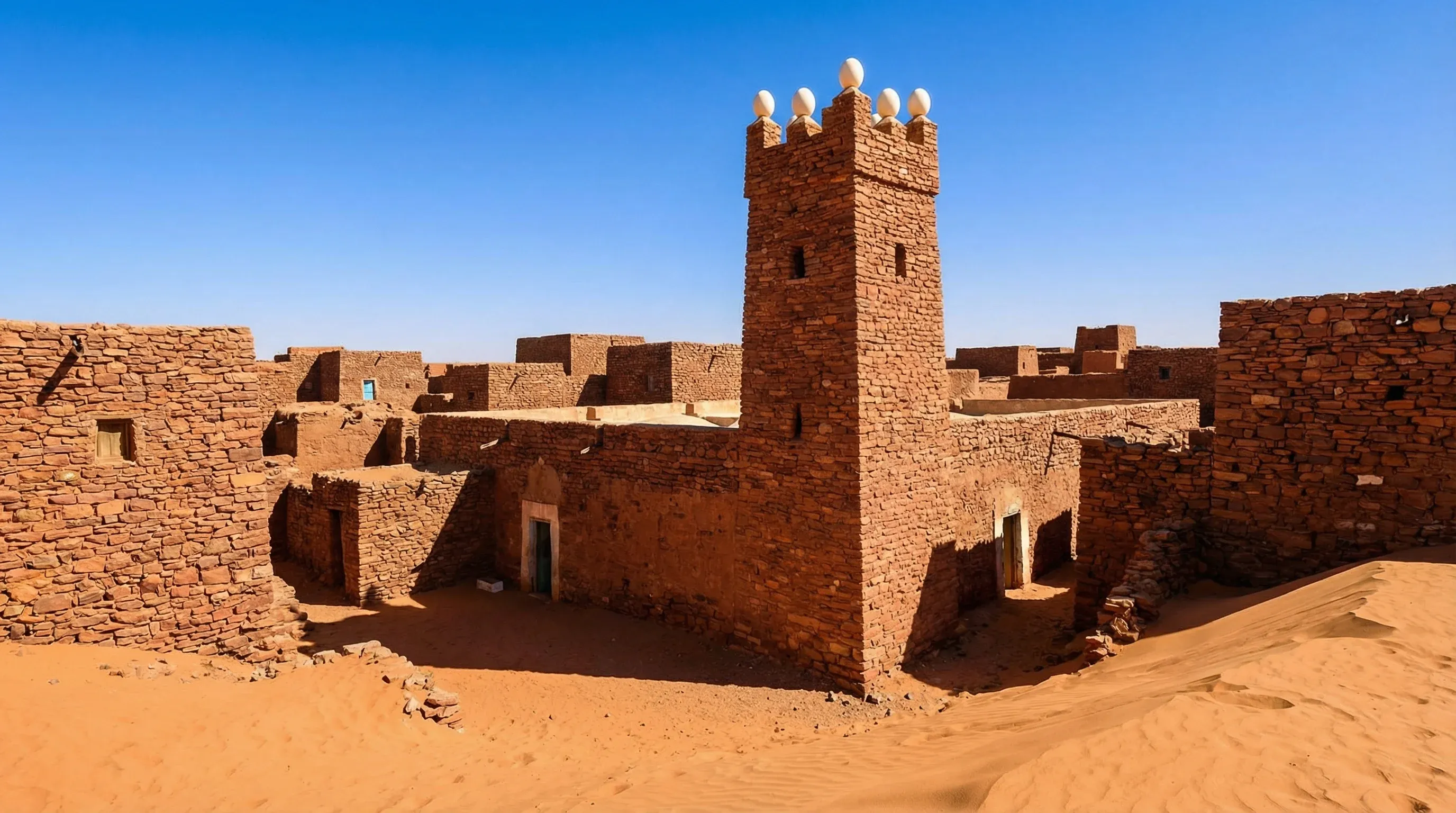 The ancient dry-stone Friday Mosque of Chinguetti with its square minaret, surrounded by desert dunes and traditional Saharan architecture.
