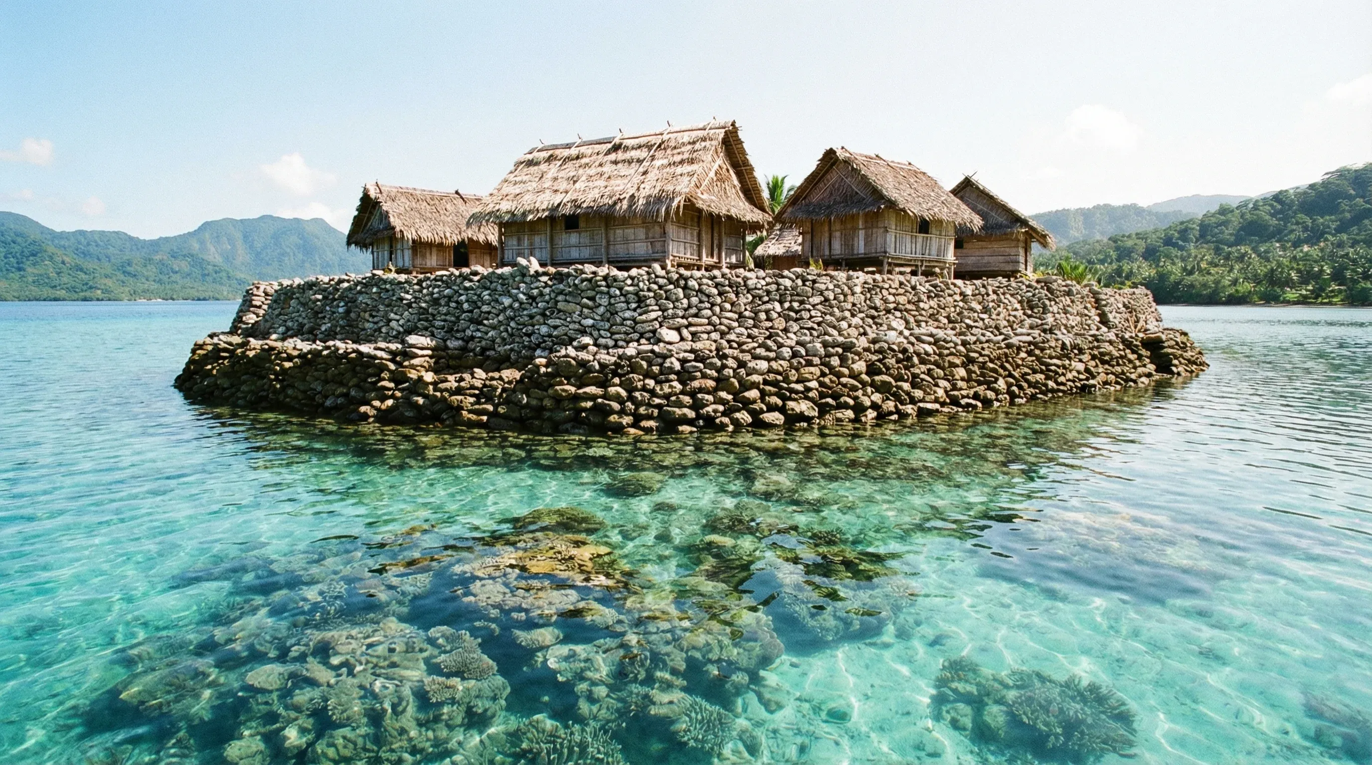 A traditional man-made coral stone island with thatched huts sitting in a turquoise lagoon in Malaita.