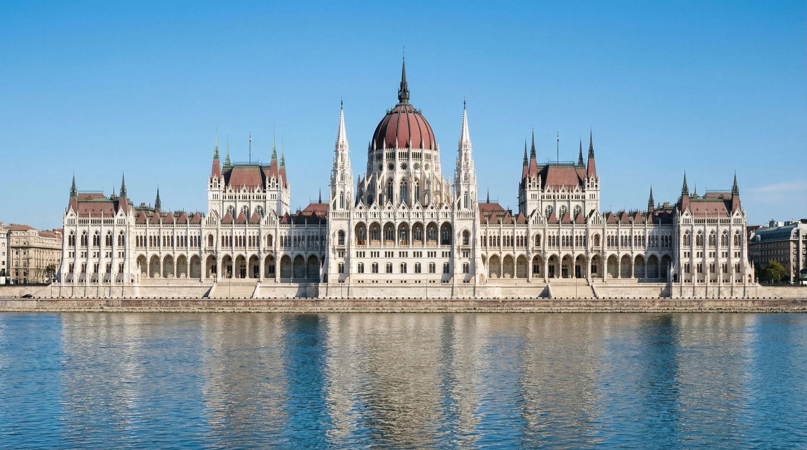 The Hungarian Parliament Building with its iconic red dome and white spires, viewed from across the Danube River under a clear blue sky.