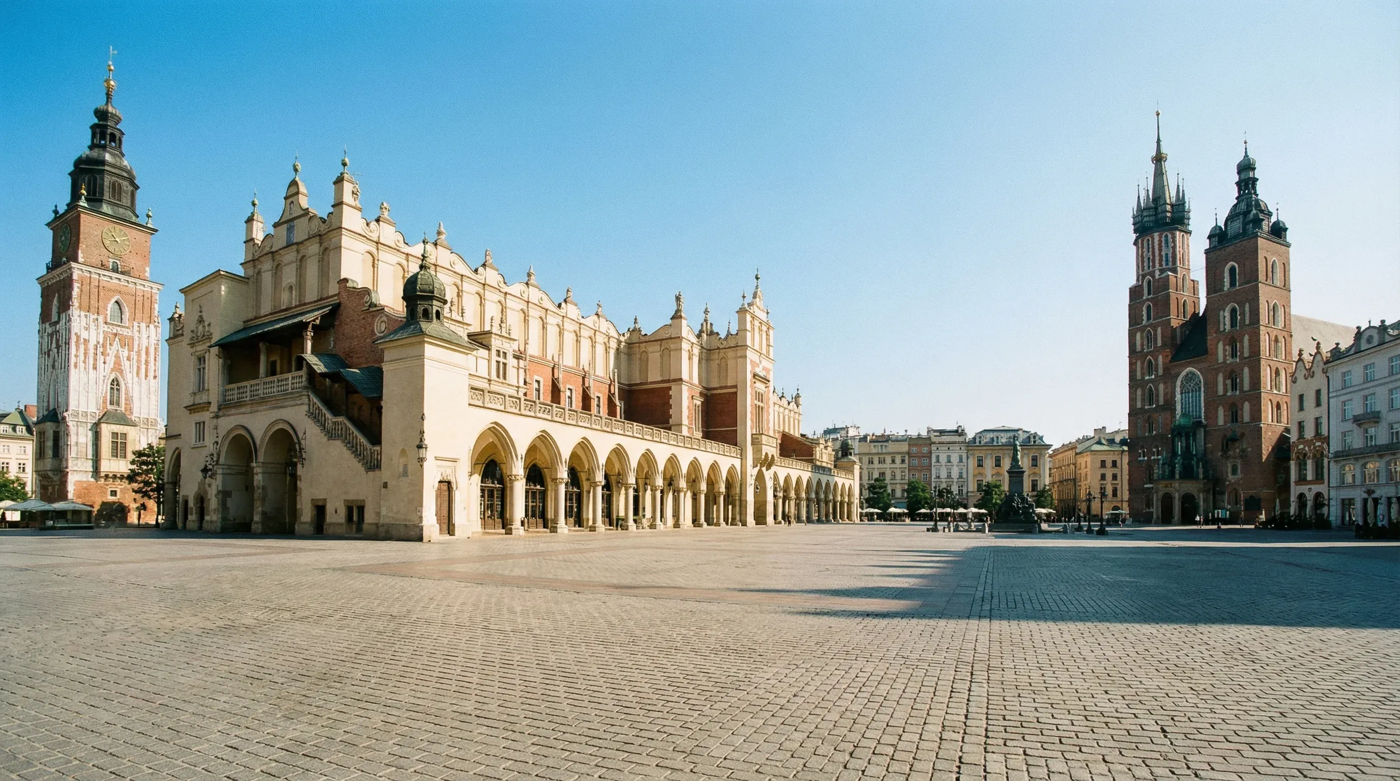 The expansive cobblestone Main Market Square in Kraków featuring the Renaissance Cloth Hall and the brick towers of St. Mary's Basilica.