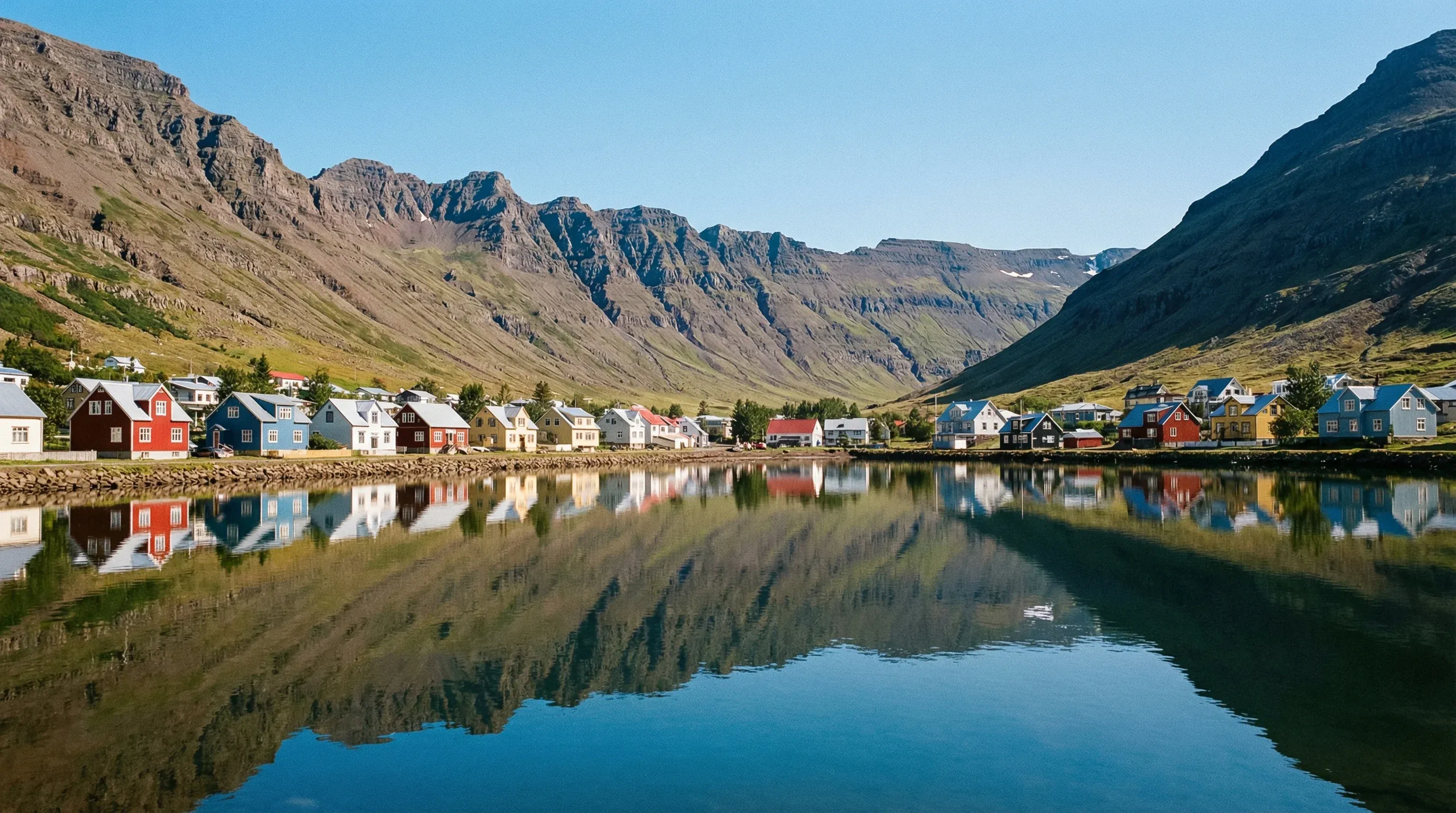 A wide-angle view of the colorful village of Seyðisfjörður at the base of steep mountains in the East Fjords of Iceland.