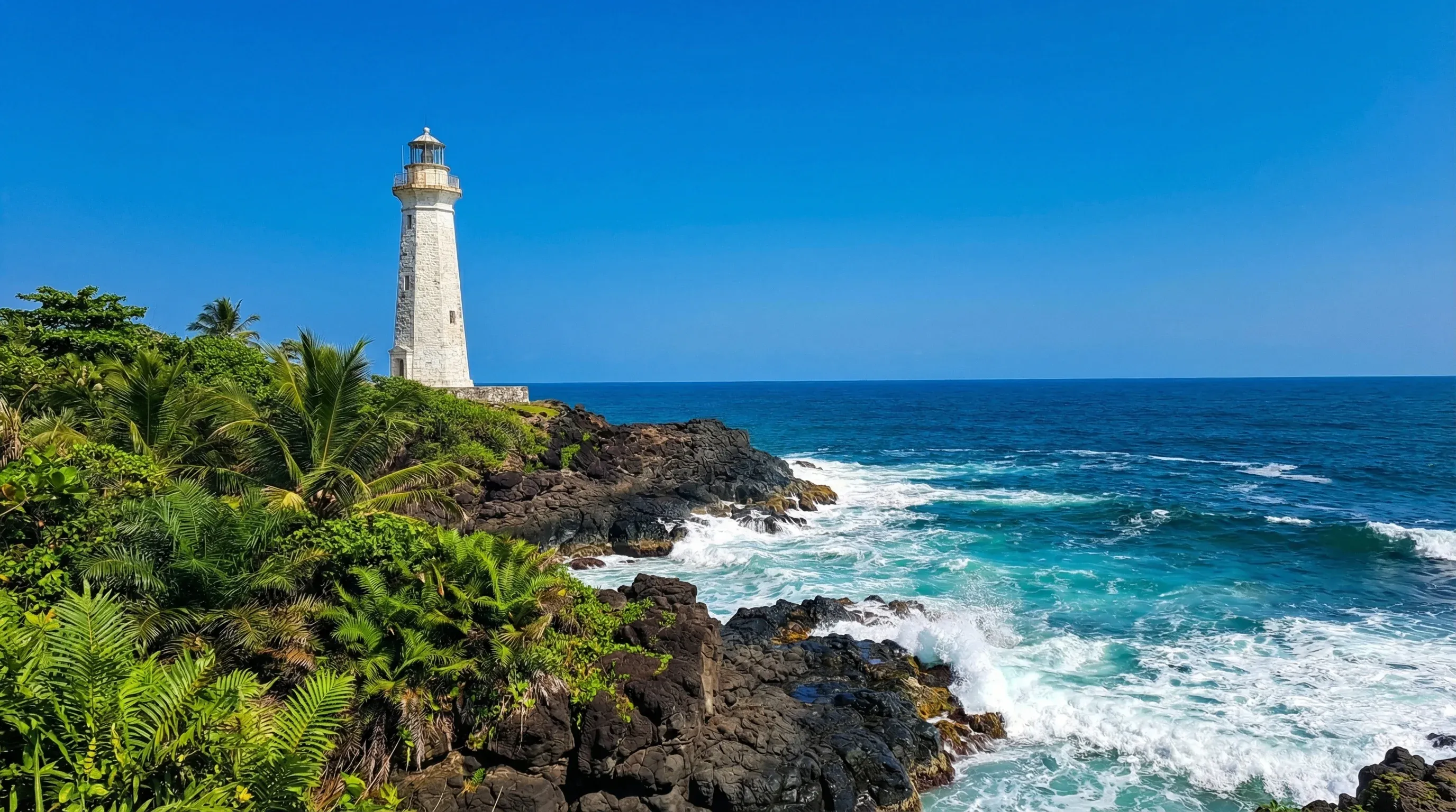 The historic lighthouse at Cape Palmas in Harper, situated on a rocky Atlantic coastline with tropical greenery.