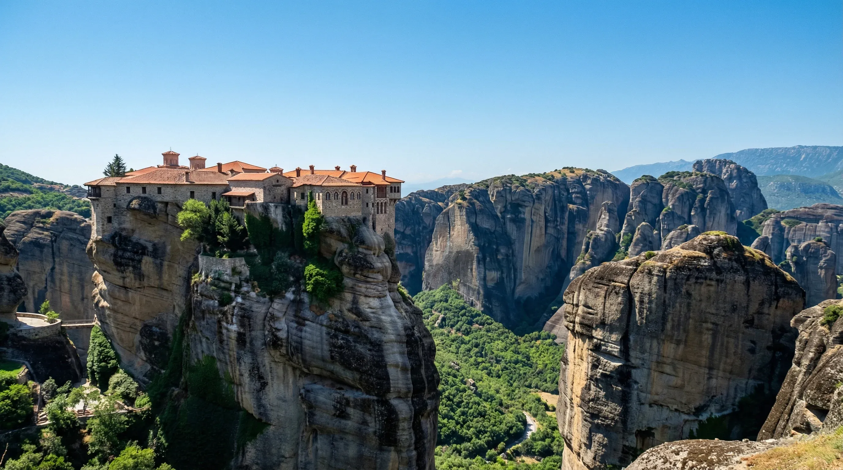 An Eastern Orthodox monastery perched on top of a giant sandstone rock pillar in Meteora.