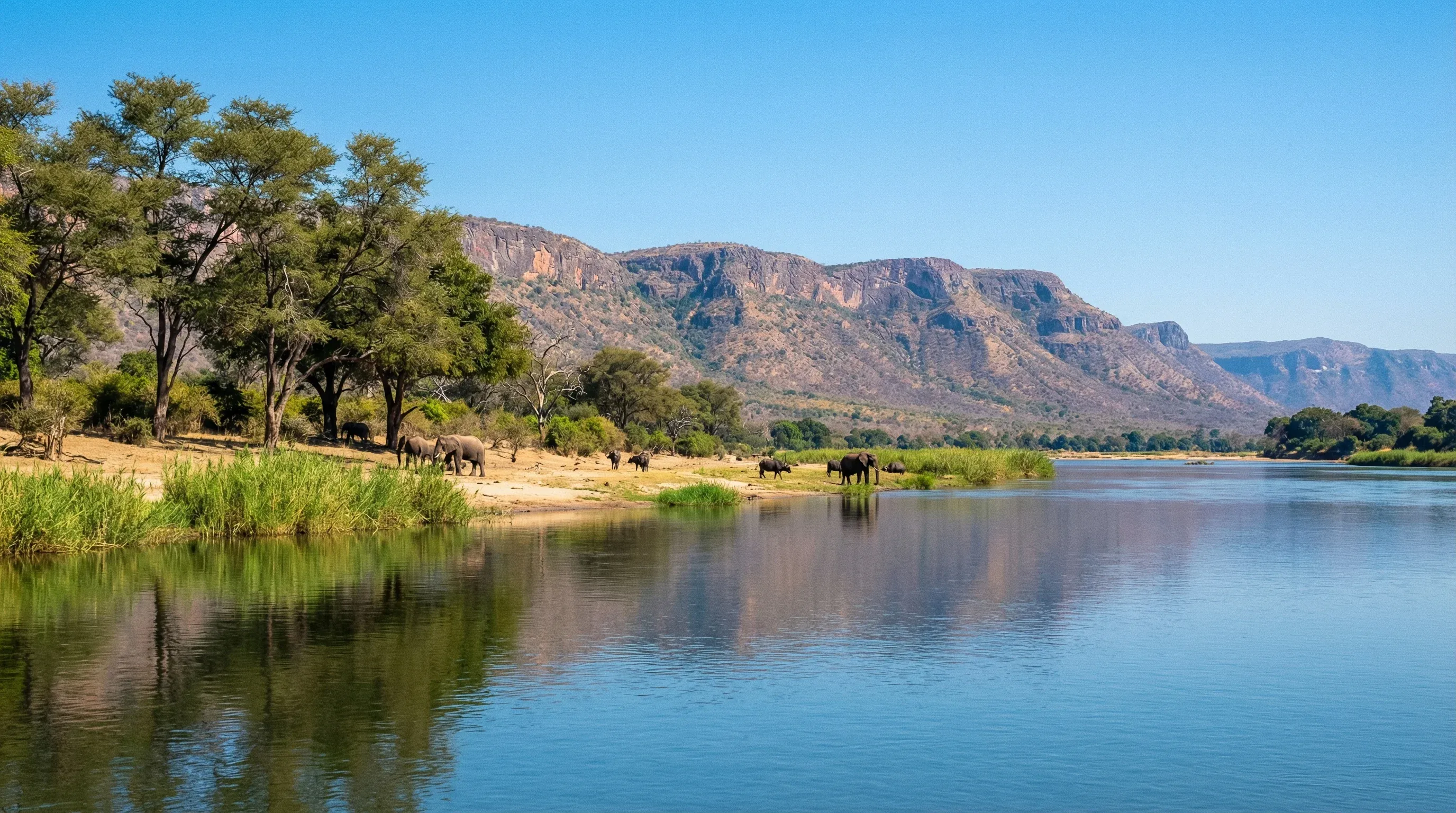The wide Zambezi River flows past a lush green shoreline with the Muchinga Escarpment mountains rising in the background under a clear midday sky.