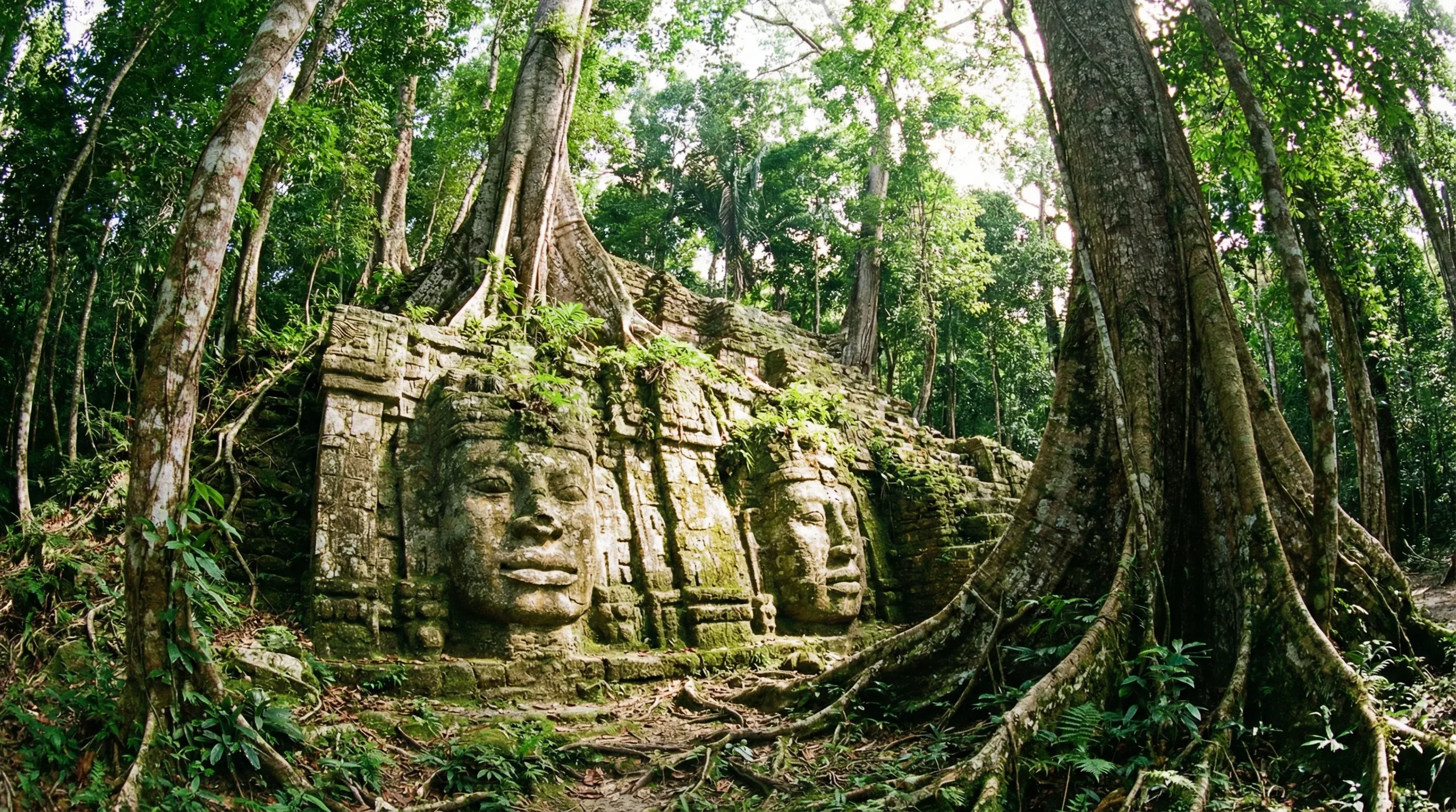 The Mask Temple at Lamanai, showing large stone-carved faces on a Mayan pyramid set within a dense tropical forest in Northern Belize.