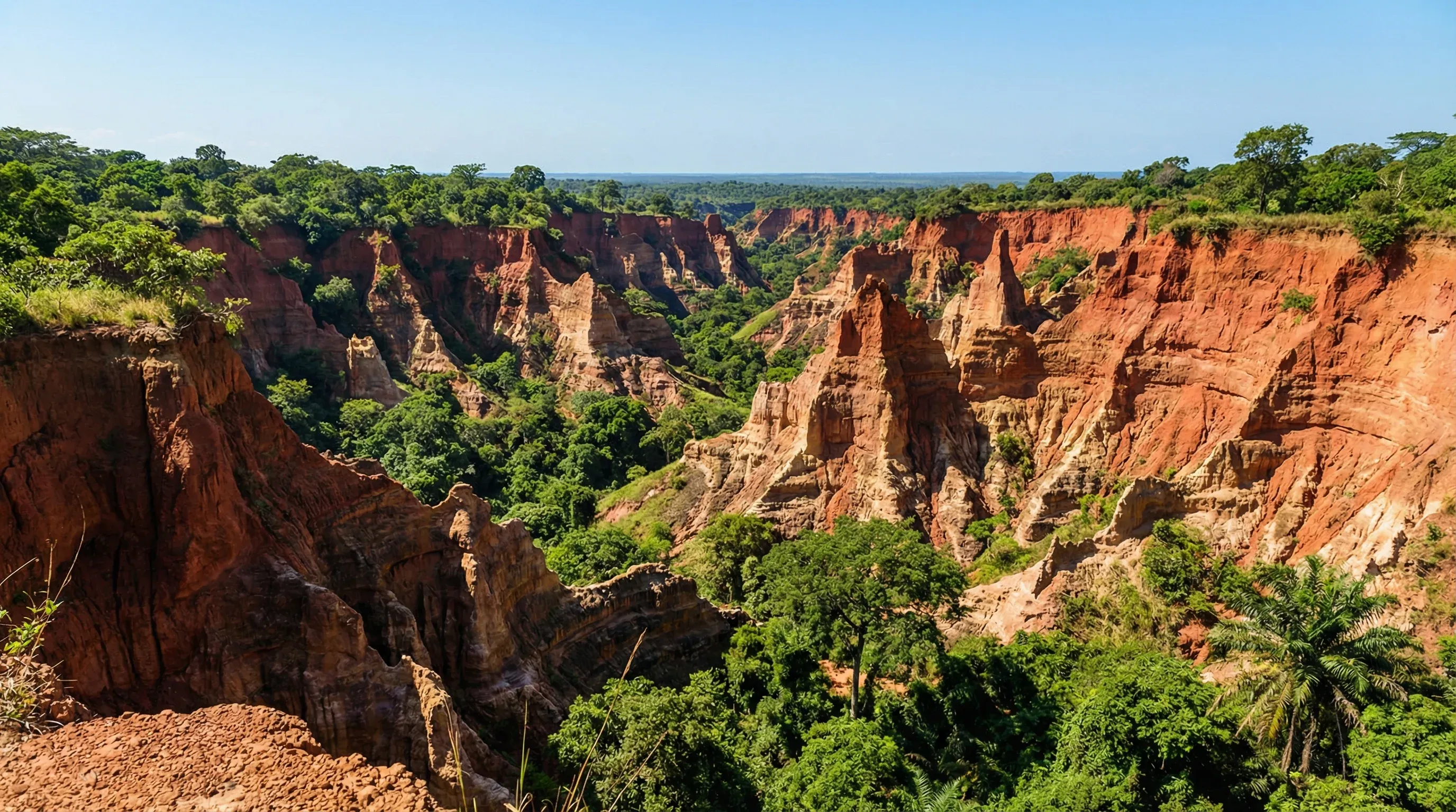 Large red and orange sedimentary rock cliffs of the Diosso Gorge with green vegetation in the valleys.