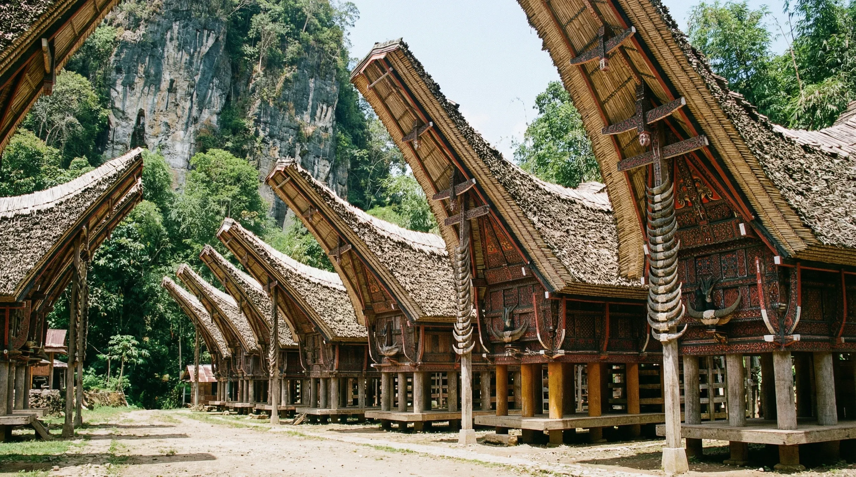 Traditional Tongkonan houses with curved saddle-shaped roofs in the village of Kete Kesu, Tana Toraja.