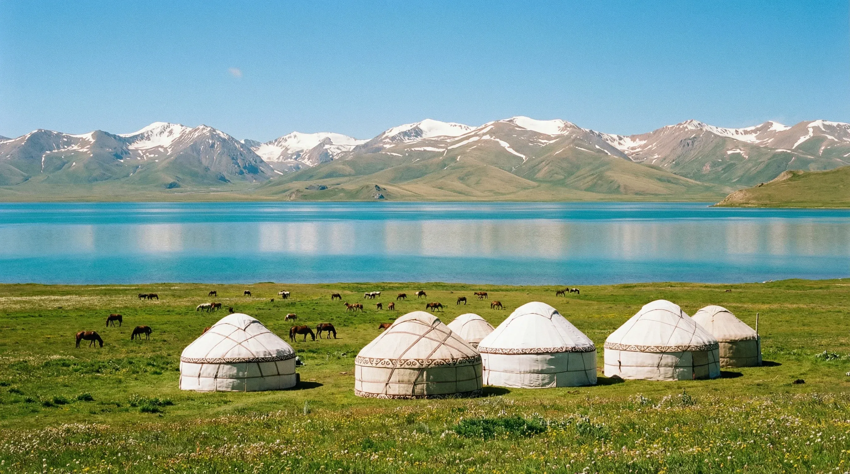 Traditional white yurts on green pastures beside the blue waters of Song-Kul Lake with mountains in the distance.