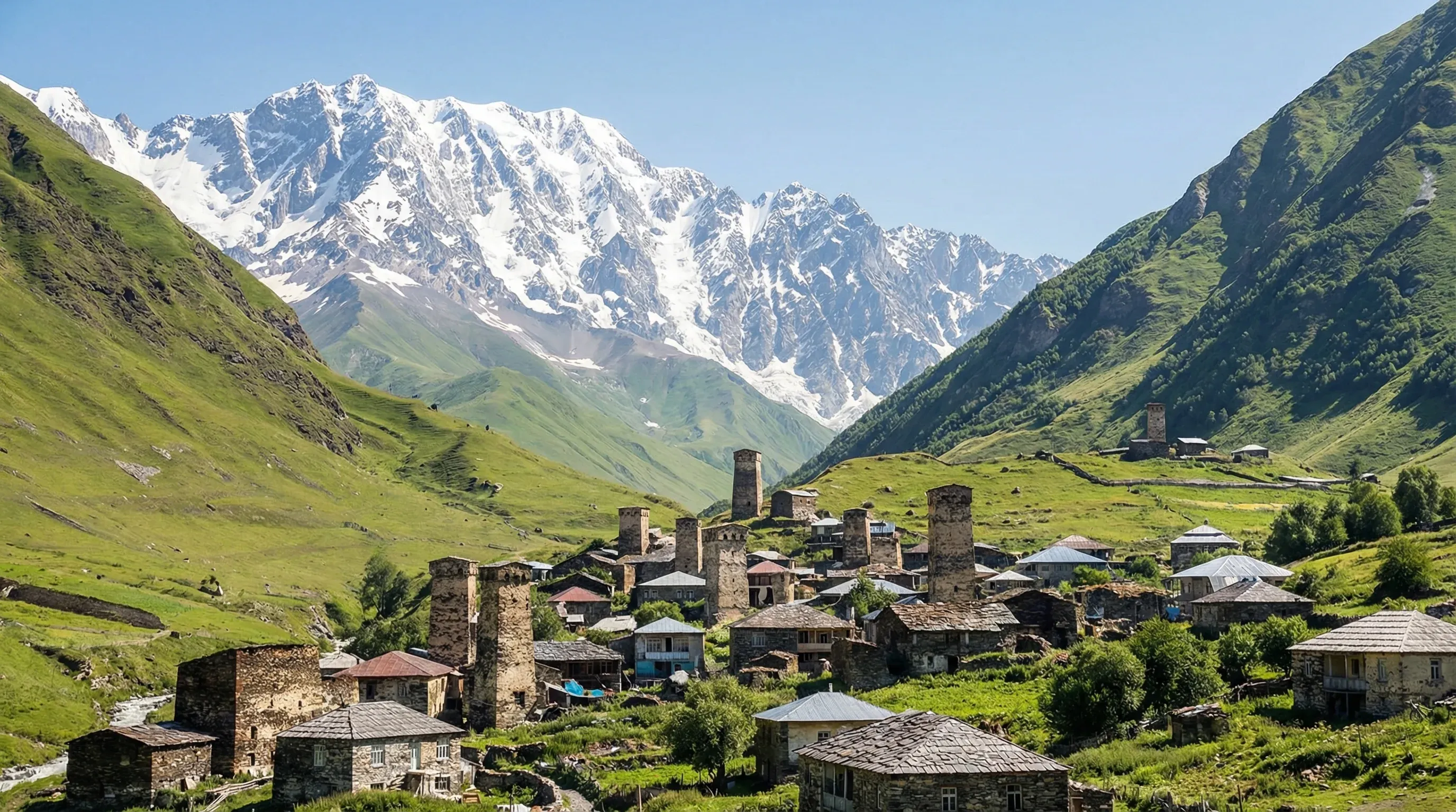 Medieval stone defensive towers in the village of Ushguli with the glacier-covered Mount Shkhara in the background.