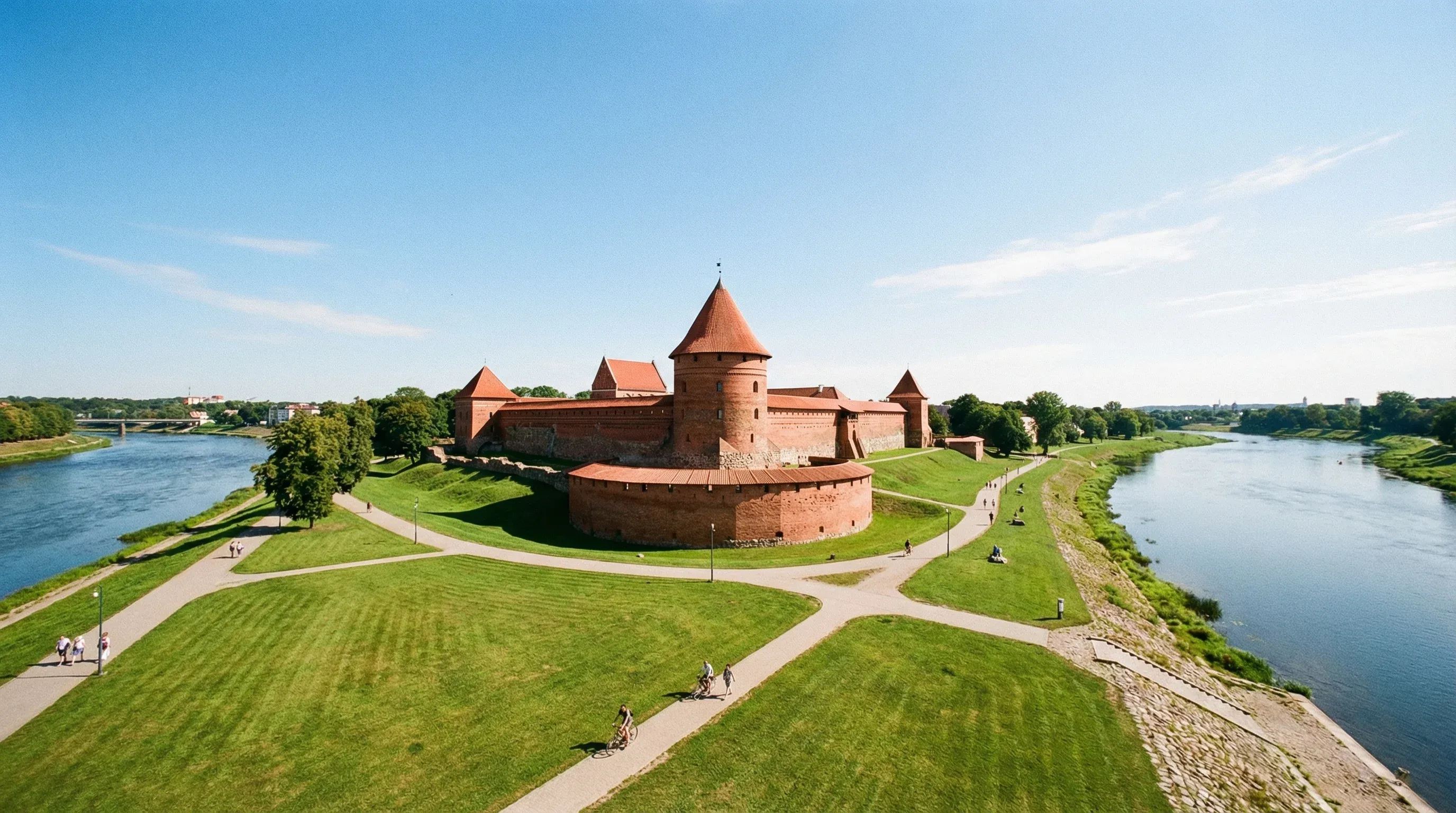 The medieval red-brick Kaunas Castle and its round tower situated in a green park at midday.