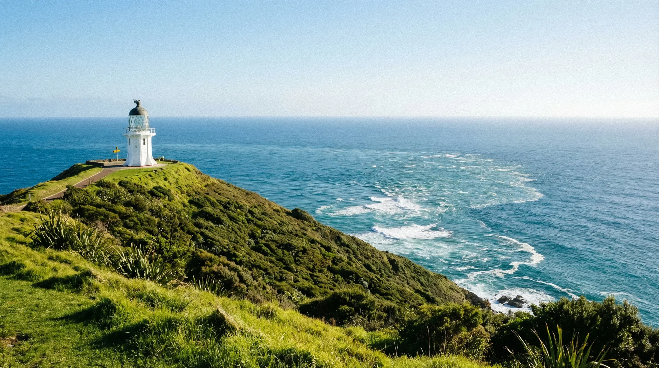 A white lighthouse stands on a green grassy headland overlooking the meeting point of the Tasman Sea and the Pacific Ocean under a clear blue sky.