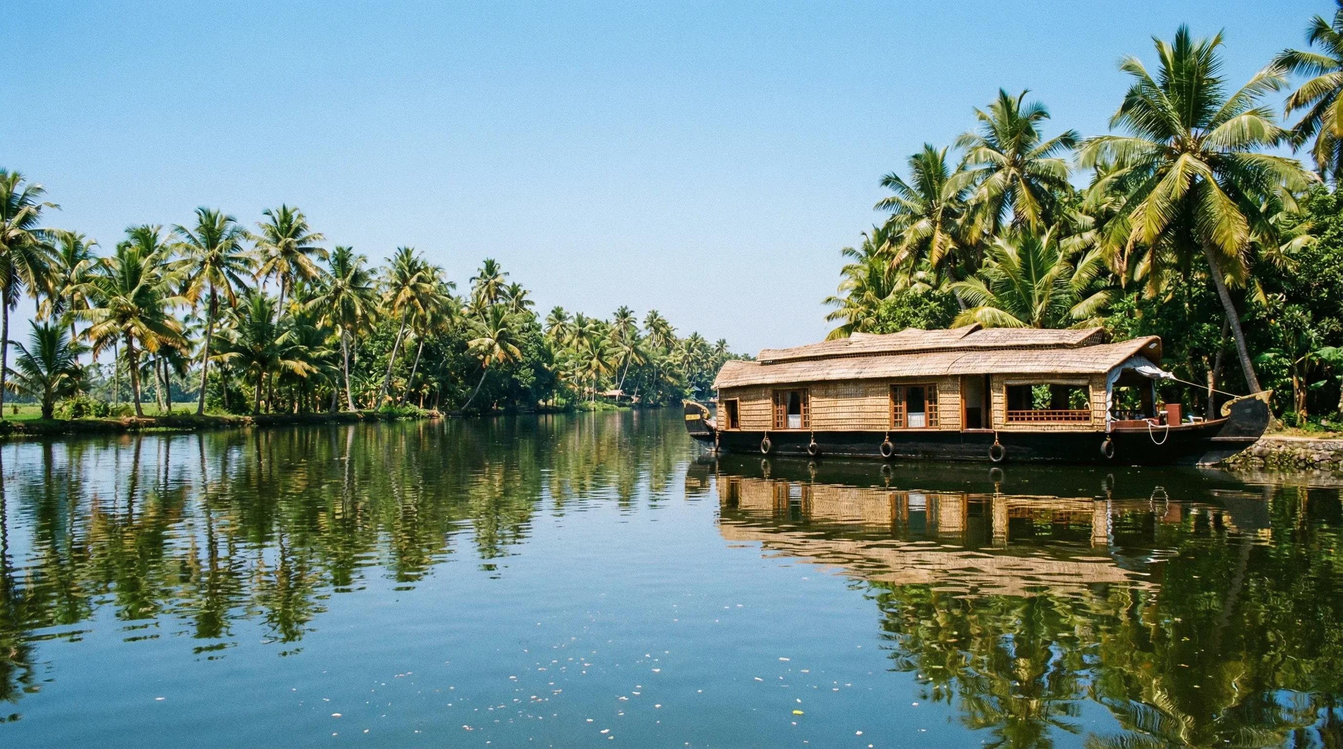 A traditional houseboat on the Kerala Backwaters, surrounded by coconut palm trees and calm water.