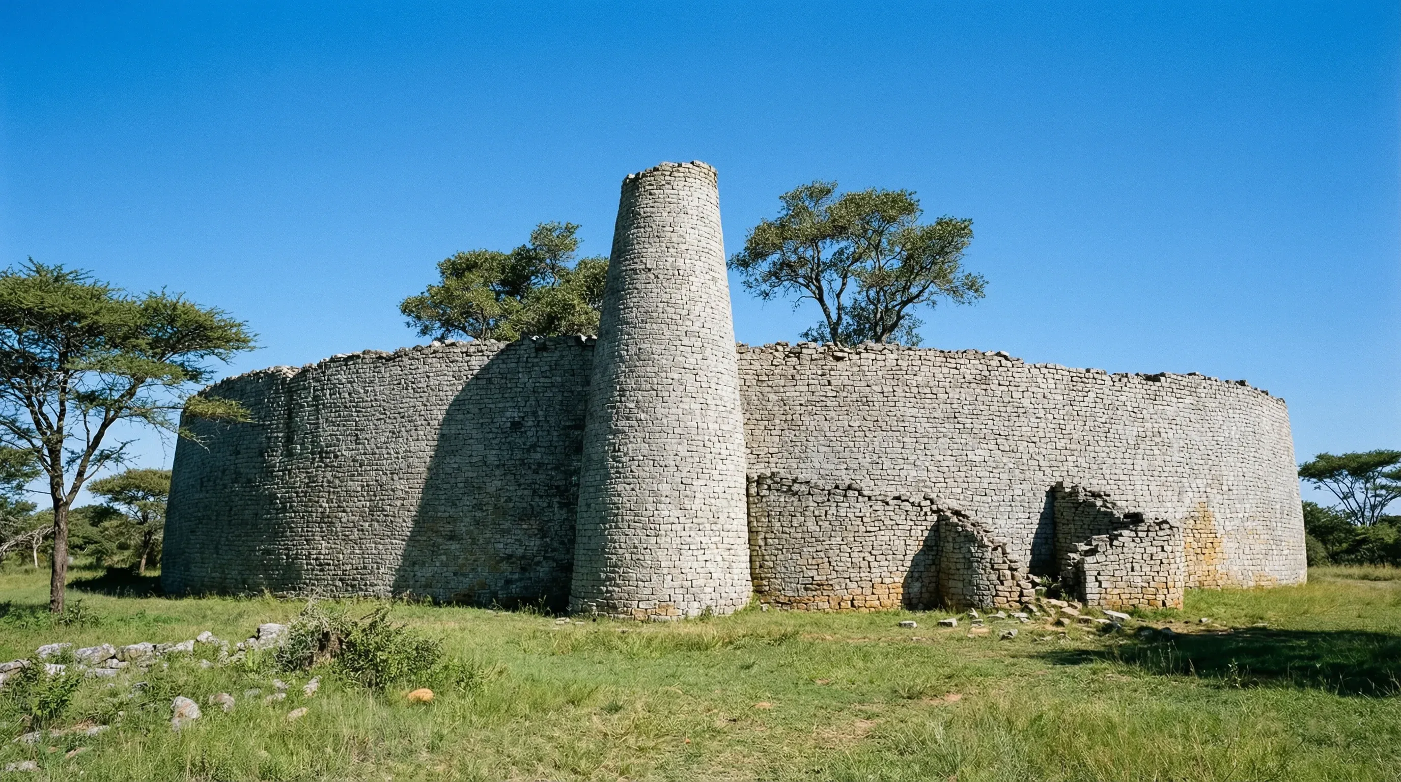 The ancient stone walls and conical tower of the Great Enclosure at Great Zimbabwe under a bright midday sun.