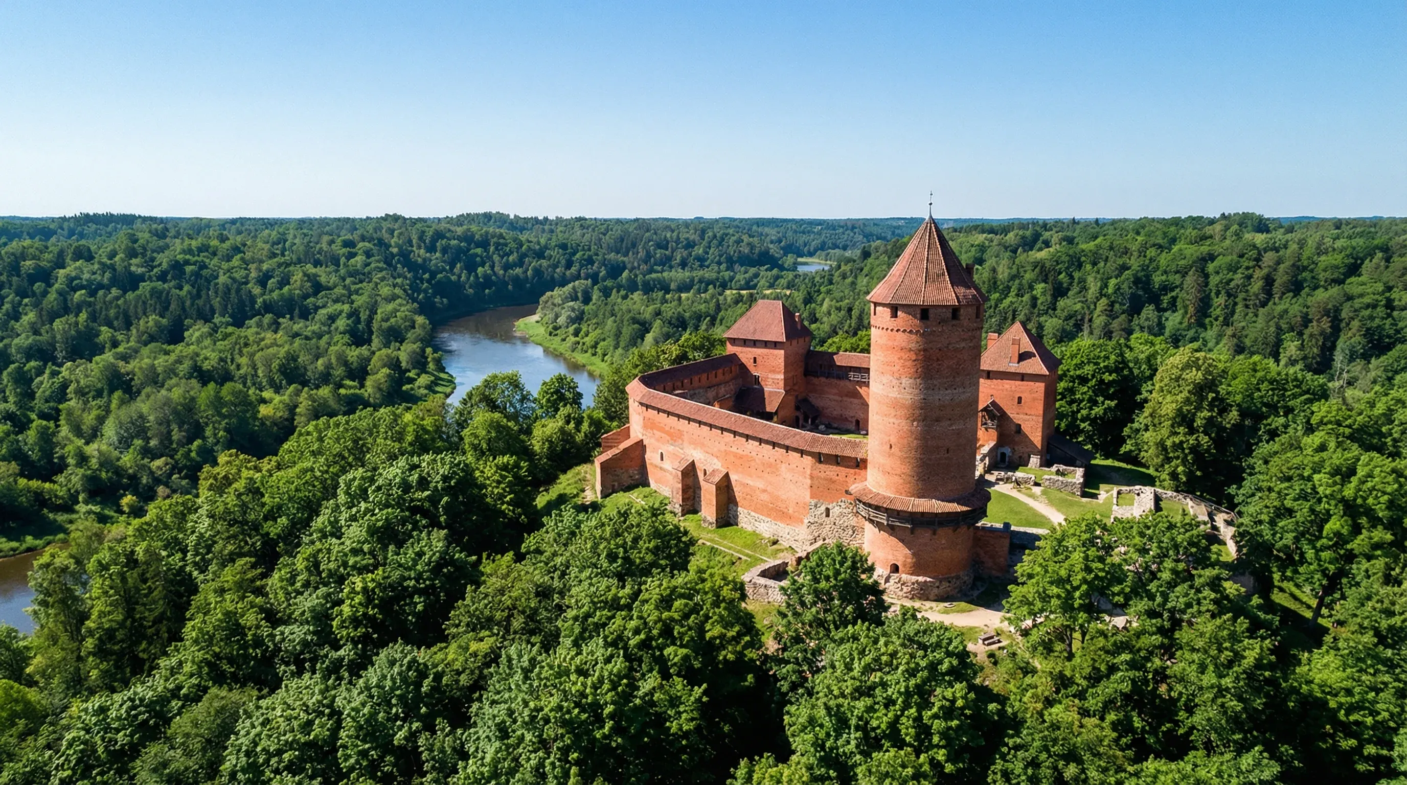 The red-brick Turaida Castle rises from a dense green forest in the Gauja River Valley under a bright blue sky.