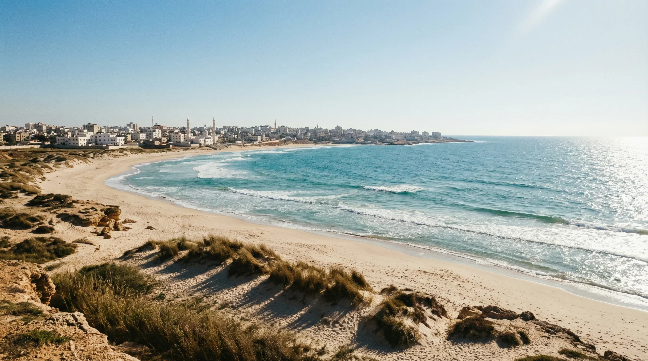 A wide-angle view of the Mediterranean Sea coastline and the city skyline of Gaza under a clear blue sky.