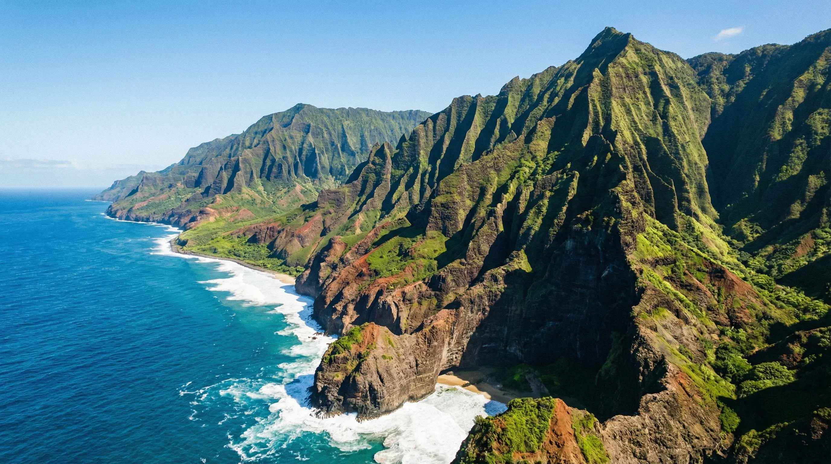 Jagged green cliffs of the Na Pali Coast meeting the blue ocean waves on the island of Kauai, Hawaii.