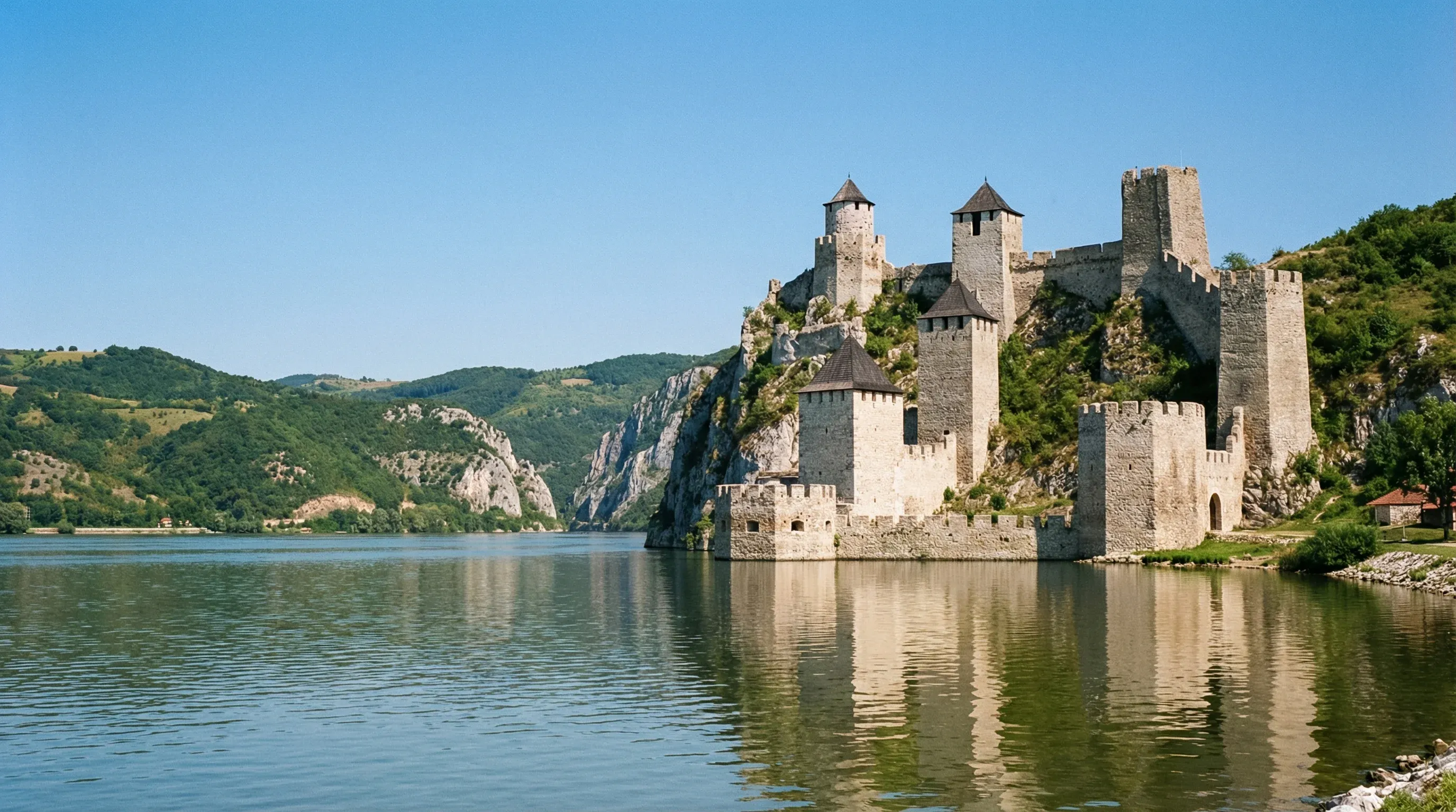 The medieval Golubac Fortress with multiple stone towers situated on a rocky cliff beside the Danube River.
