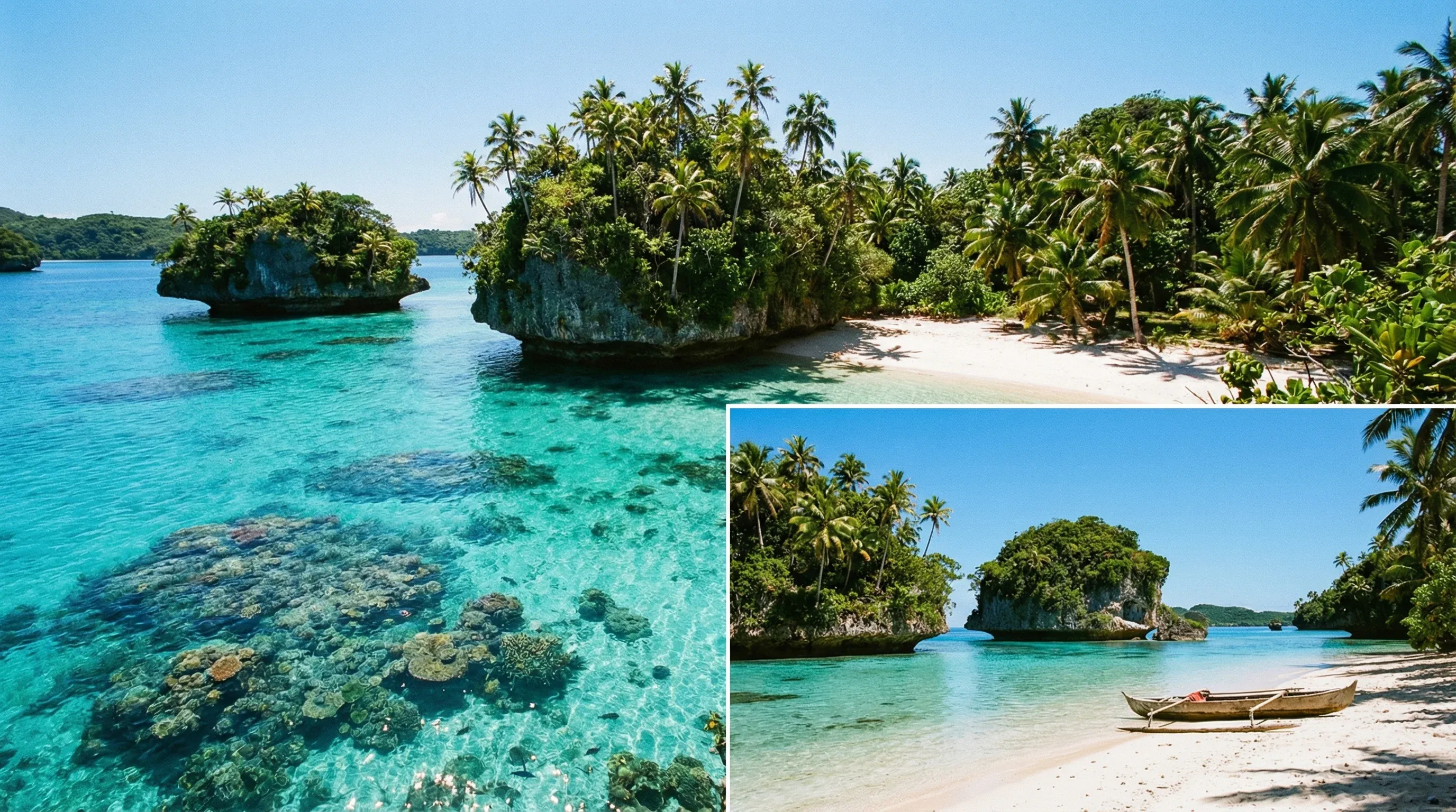 Wide-angle view of Fulaga Lagoon in Fiji's Lau Islands, featuring turquoise water and mushroom-shaped limestone islets covered in green foliage.