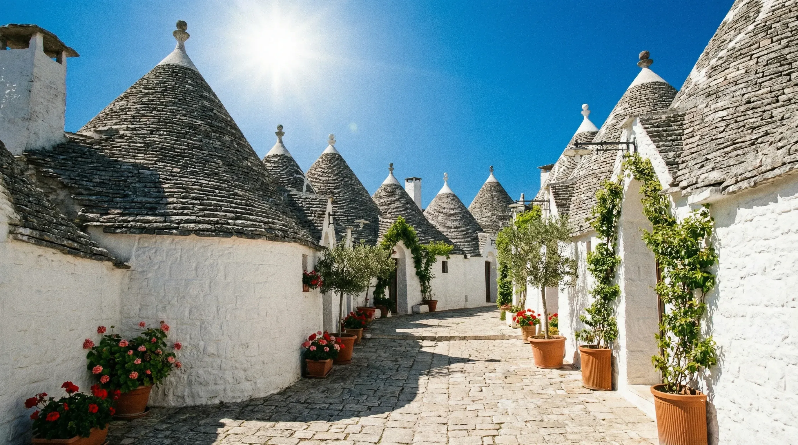 Traditional white-washed stone huts with conical grey roofs, known as Trulli, in the town of Alberobello.