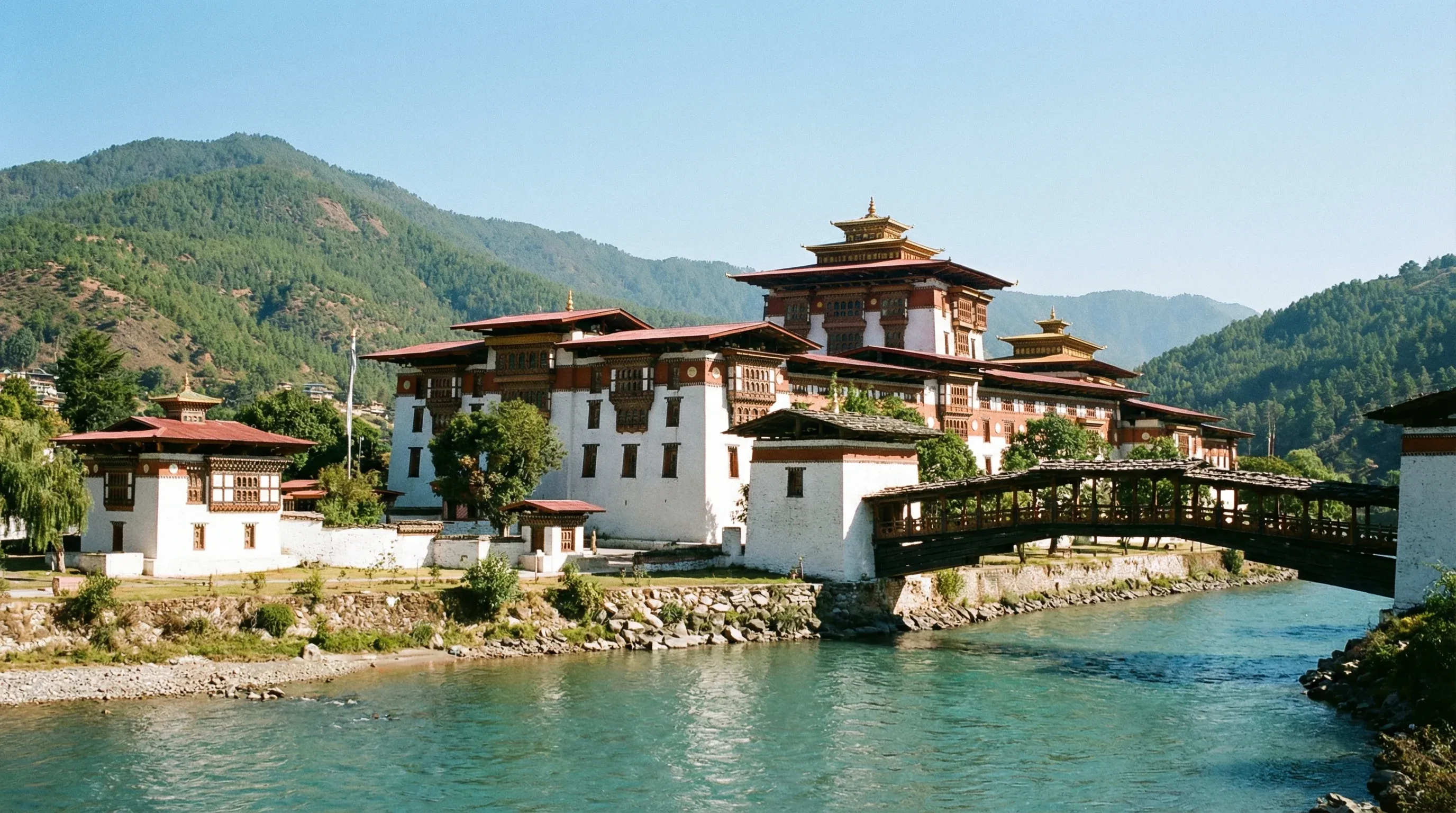 Punakha Dzong, a traditional Bhutanese fortress located at the meeting point of two rivers.