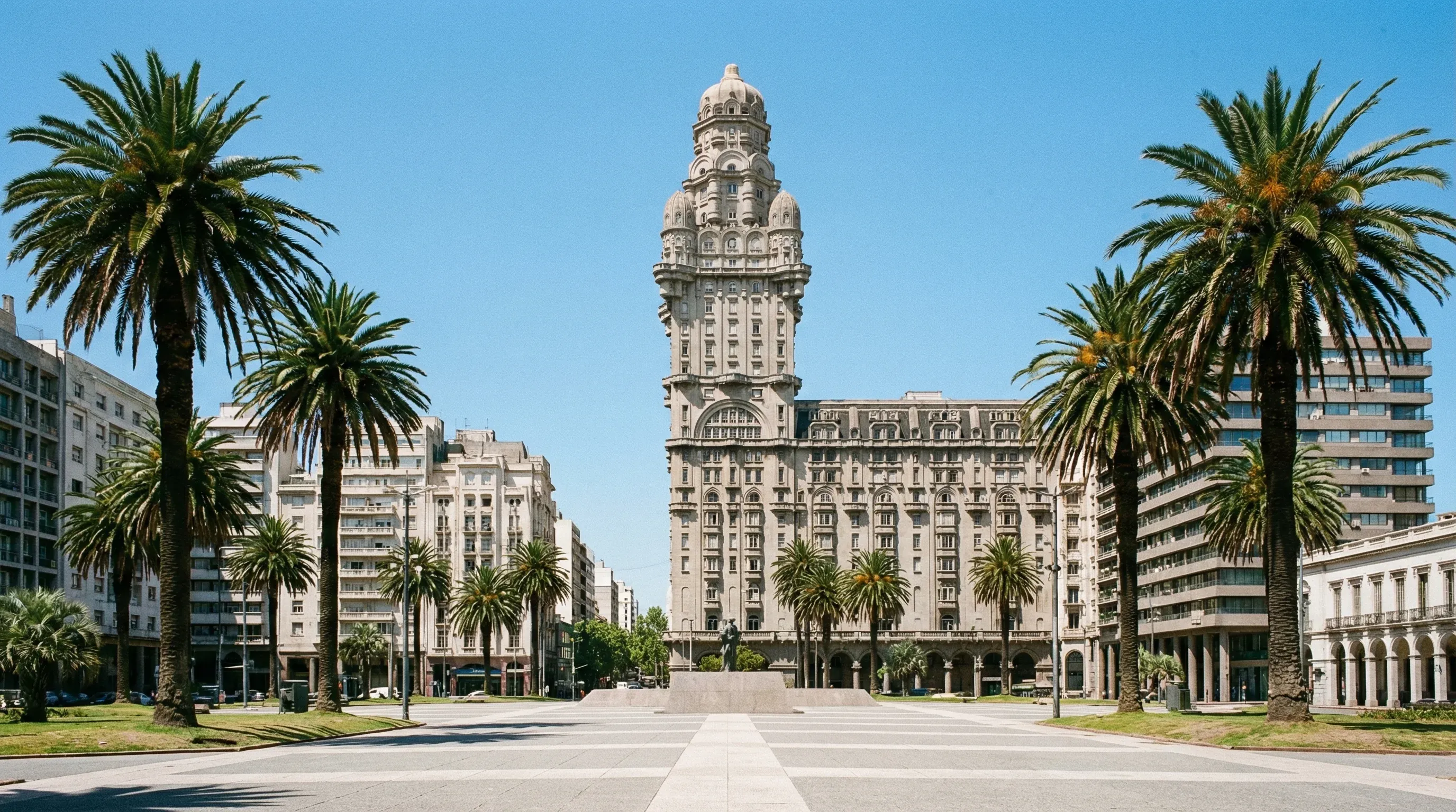 The tall, ornate Art Deco tower of Palacio Salvo rises above a plaza lined with palm trees in Montevideo.