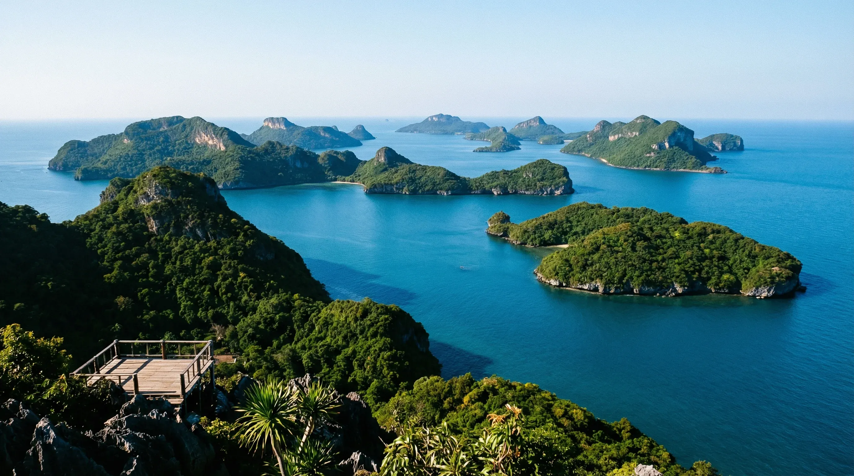 An aerial-style view of the limestone islands and turquoise waters of Ang Thong National Marine Park.