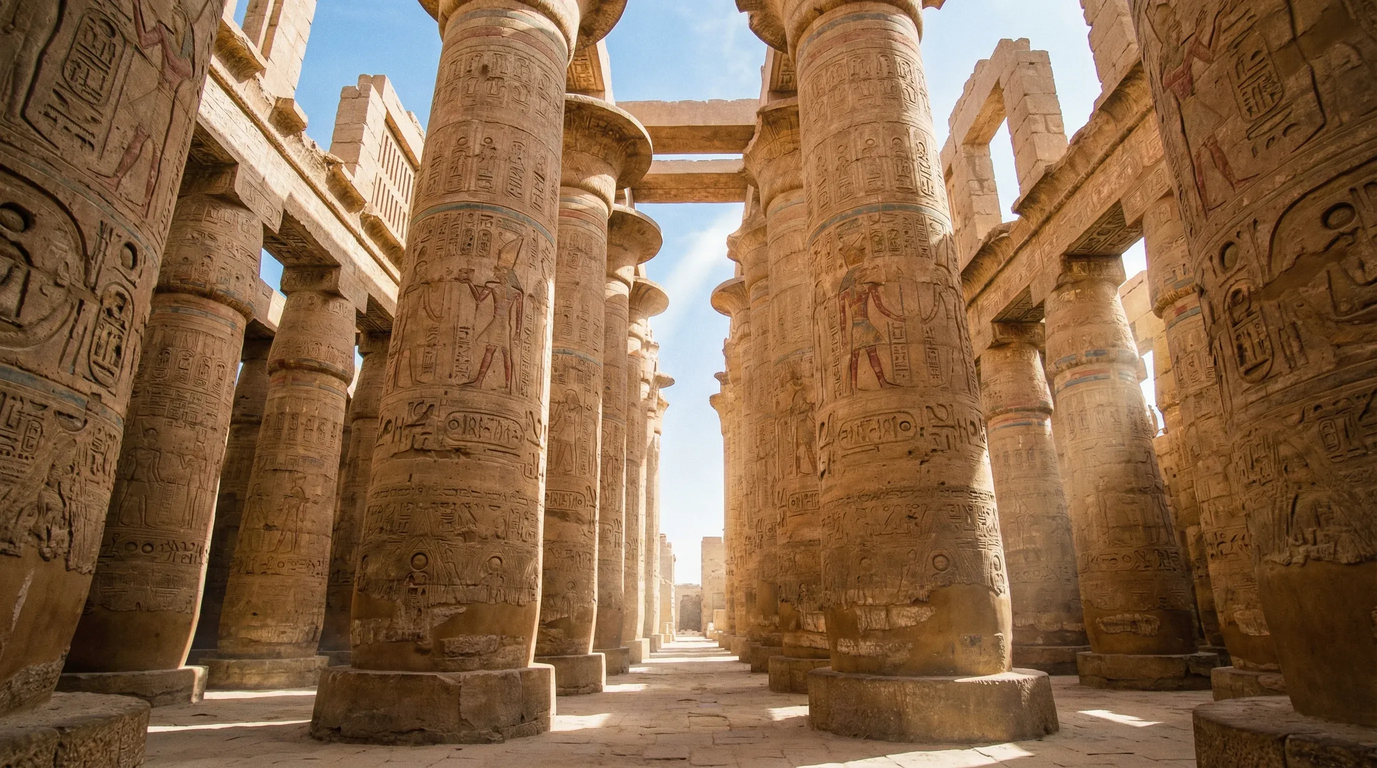 Rows of massive sandstone columns decorated with hieroglyphs at the Karnak Temple in Luxor.