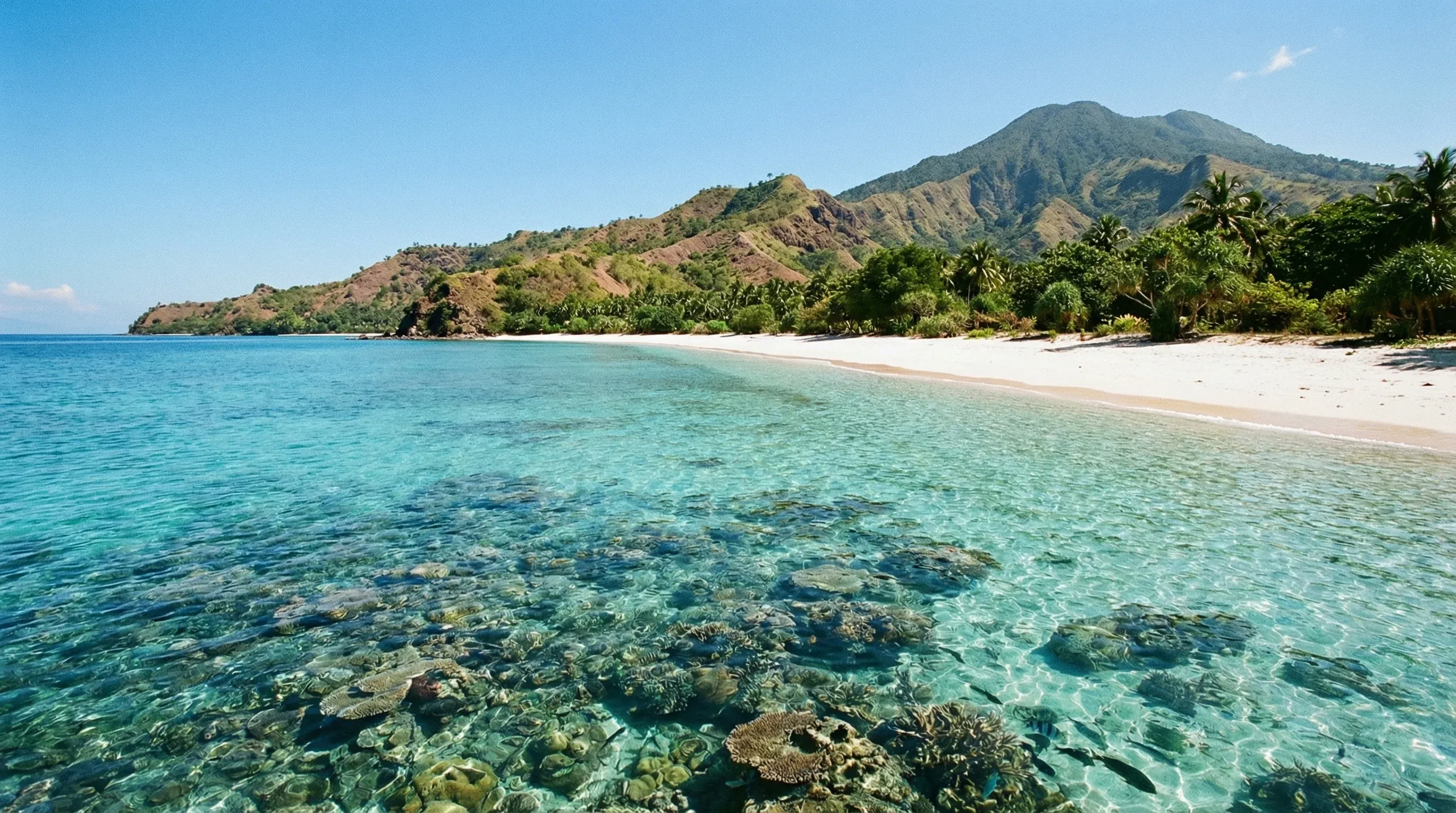 A wide-angle view of the white sand coastline and turquoise waters of Beloi Beach on Ataúro Island, with green mountains in the distance.
