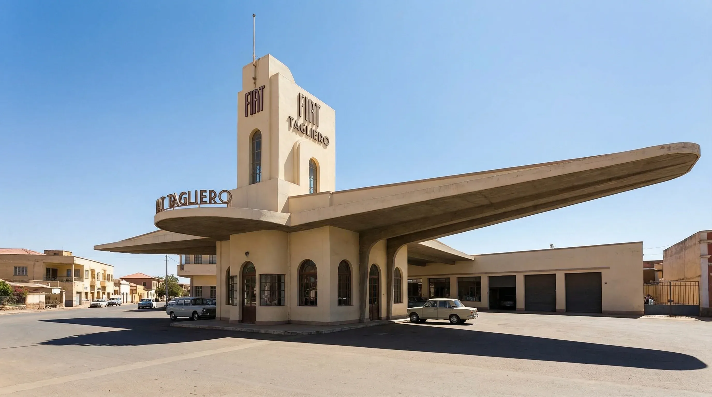 The modernist Fiat Tagliero building in Asmara, featuring its distinctive cantilevered concrete wings under a bright blue sky.