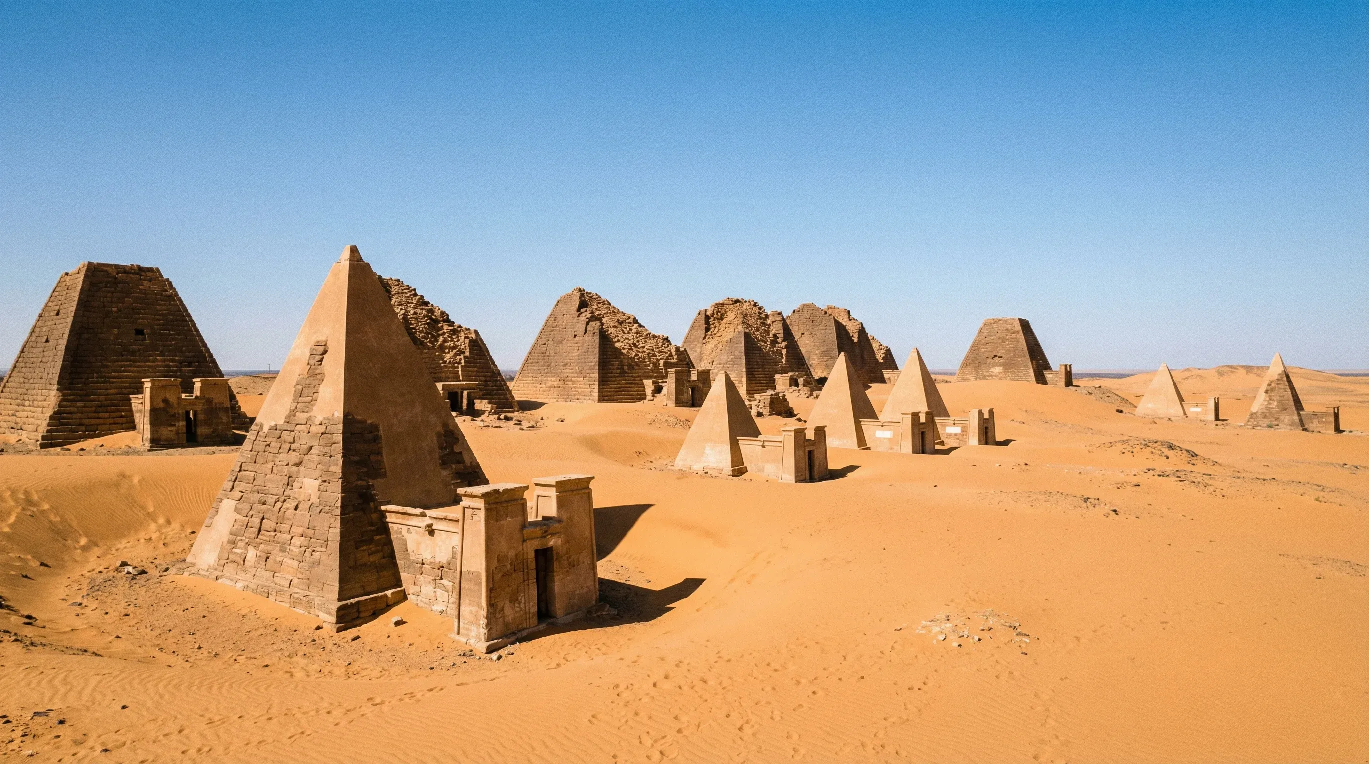 A cluster of steep-sided ancient Nubian pyramids at Meroe, set against orange sand dunes under a clear sky.