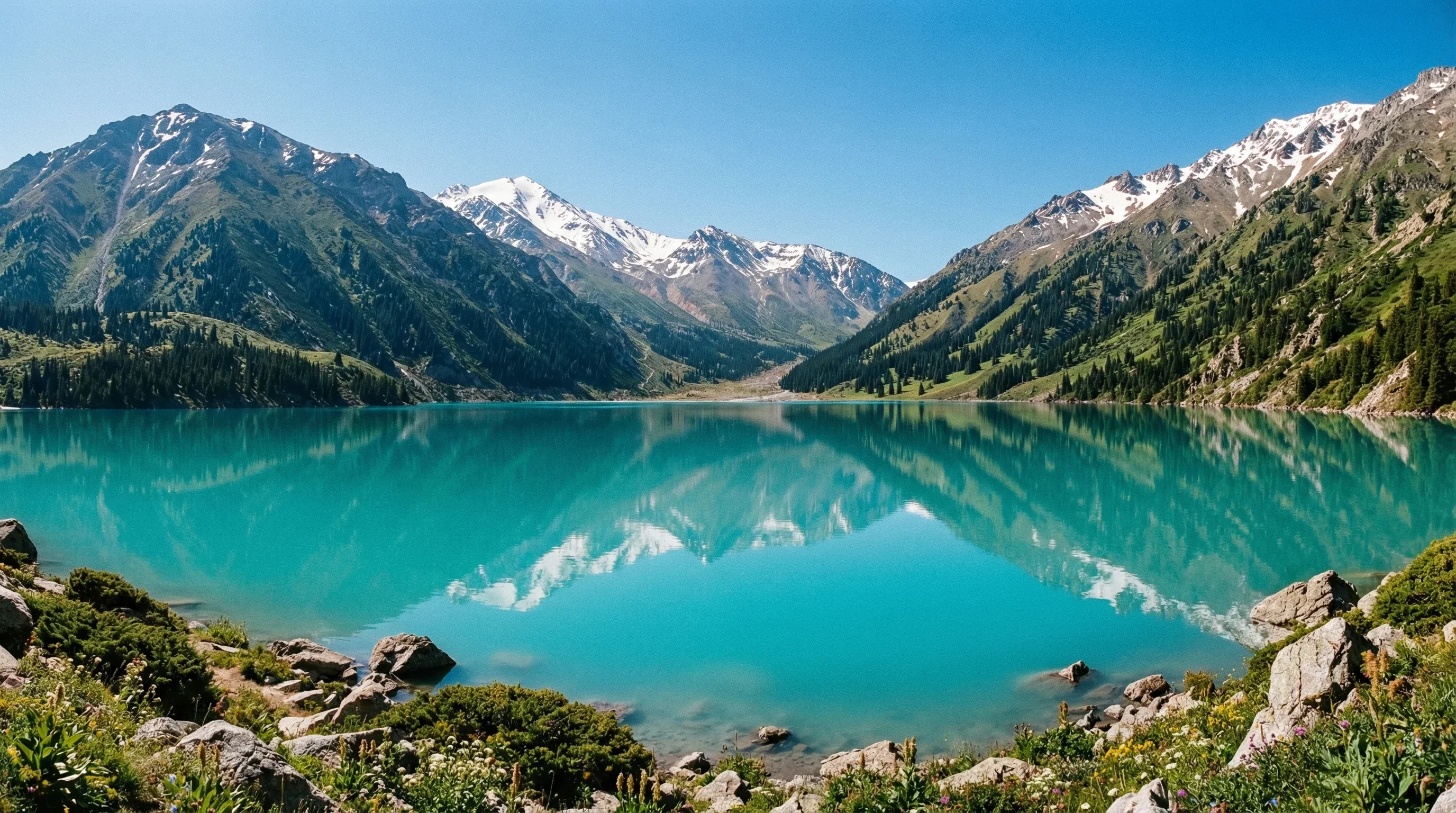 High-altitude turquoise water of Big Almaty Lake surrounded by snow-capped Tien Shan mountain peaks in Almaty, Kazakhstan.
