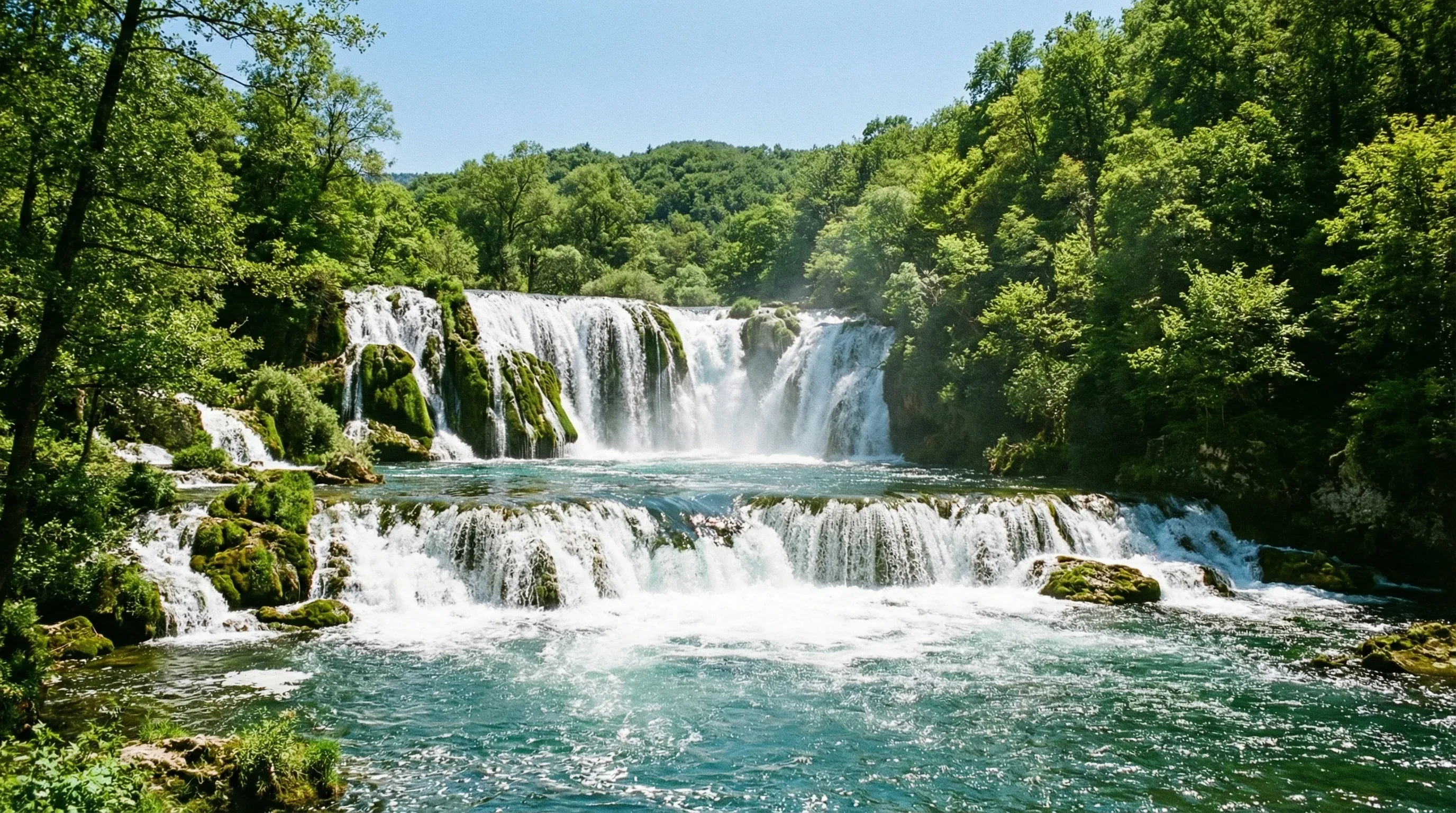 Wide view of the multi-tiered Štrbački buk waterfall on the Una River surrounded by green forest.